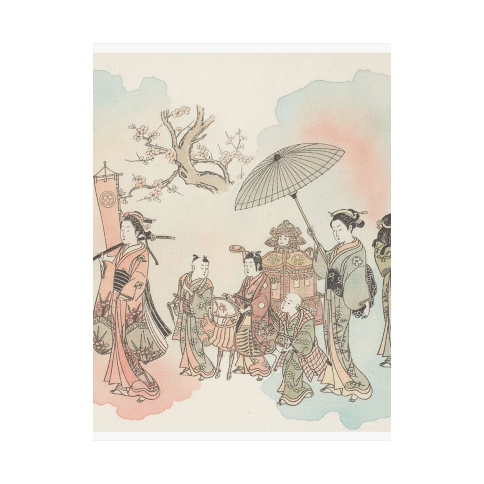 Watercolor — Children Play-Acting A Daimyo Procession — Matte Poster