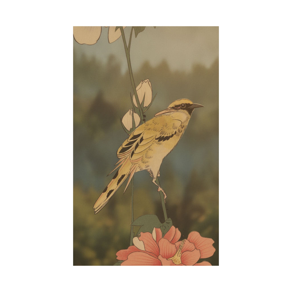Scenic Nature — Black-Naped Oriole Perched On A Stem Of Rose Mallow — Matte Poster