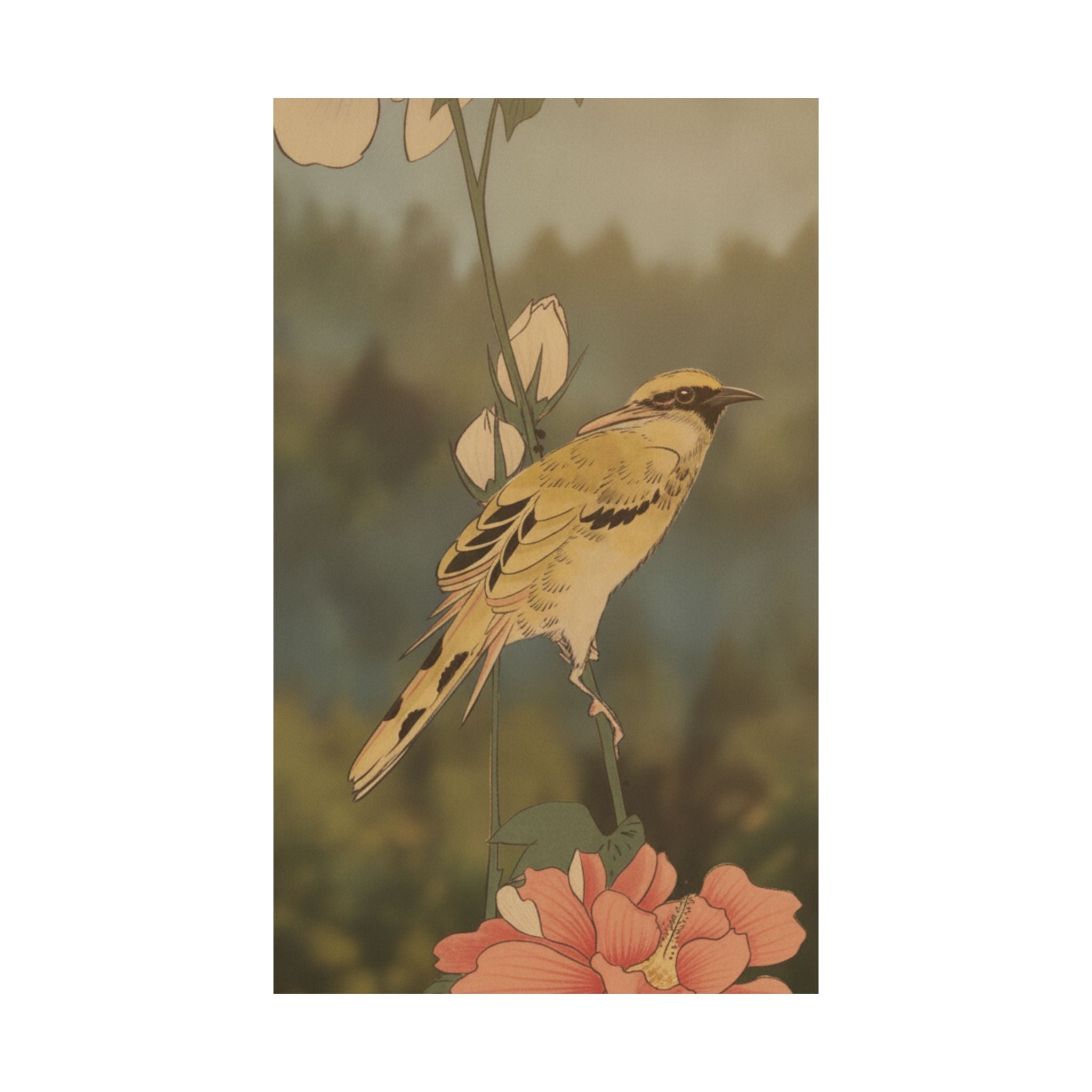 Scenic Nature — Black-Naped Oriole Perched On A Stem Of Rose Mallow — Matte Poster