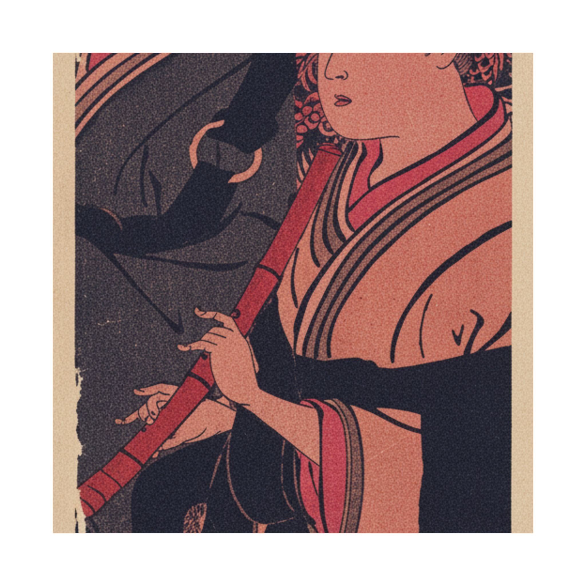 Japanese Street — Two Men, One Playing A Flute — Matte Poster