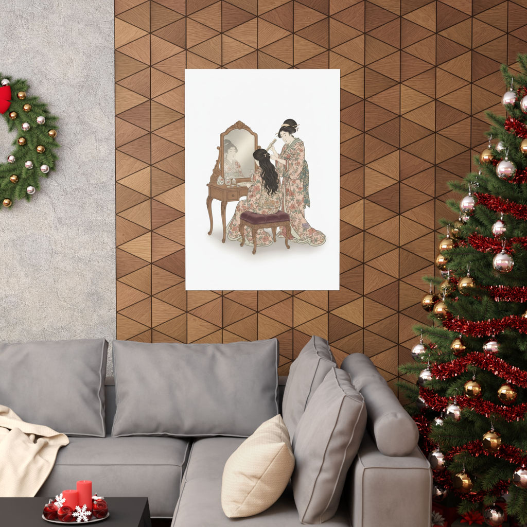Ecommerce Main — A Woman At Her Toilet Seated Before A Mirror, Having Her Hair Combed By A Kameyu — Matte Poster