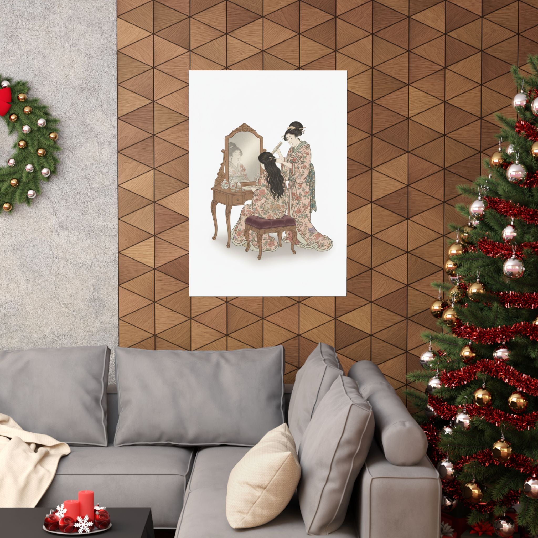 Ecommerce Main — A Woman At Her Toilet Seated Before A Mirror, Having Her Hair Combed By A Kameyu — Matte Poster
