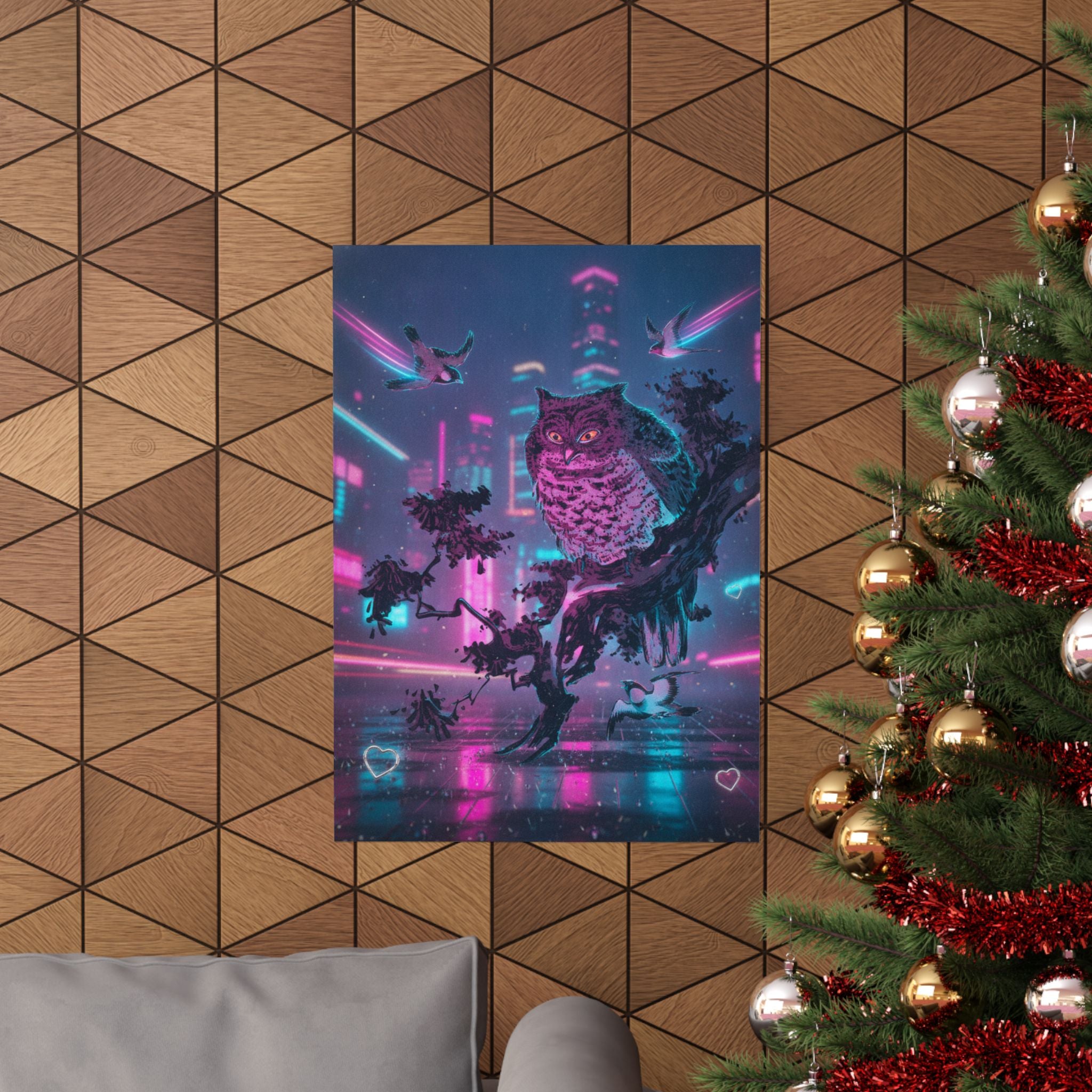 Neon Noir — Owl And Two Swallows — Matte Poster