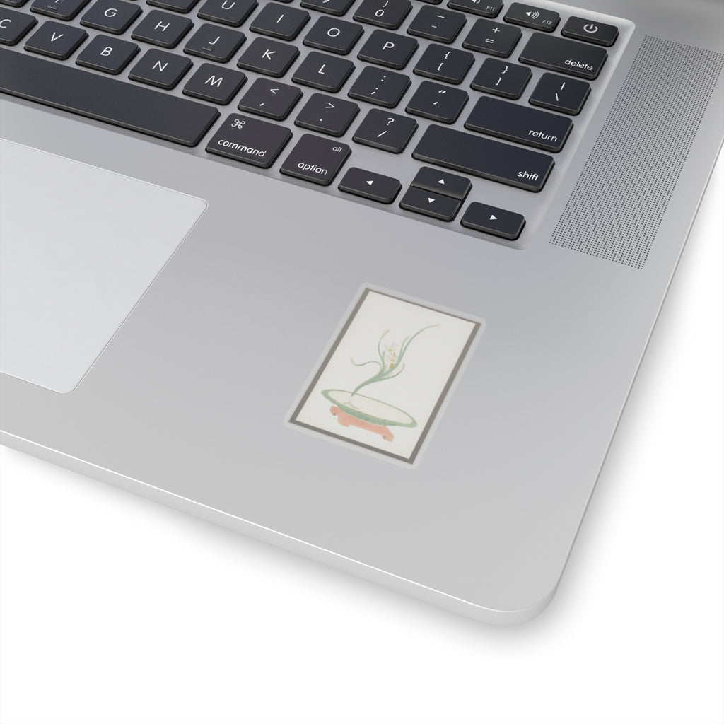 Watercolor — Flower Arrangement Of Suisen (Narcissus) In A Flat Green Dish — Kiss-Cut Sticker
