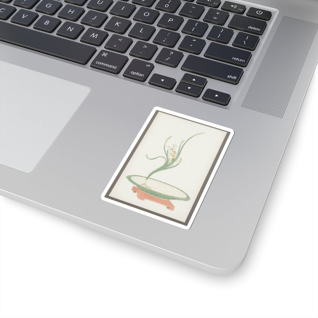 Watercolor — Flower Arrangement Of Suisen (Narcissus) In A Flat Green Dish — Kiss-Cut Sticker