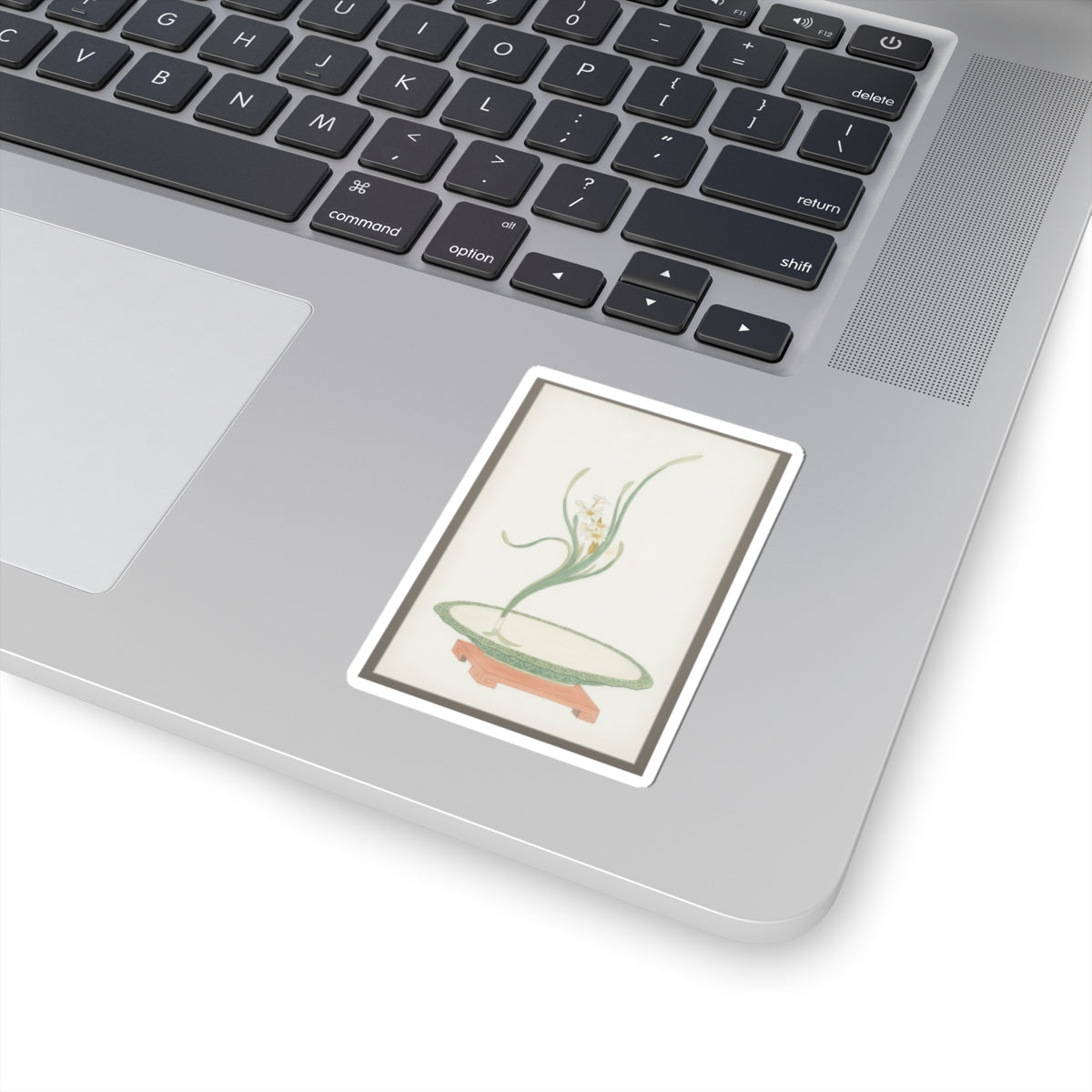 Watercolor — Flower Arrangement Of Suisen (Narcissus) In A Flat Green Dish — Kiss-Cut Sticker
