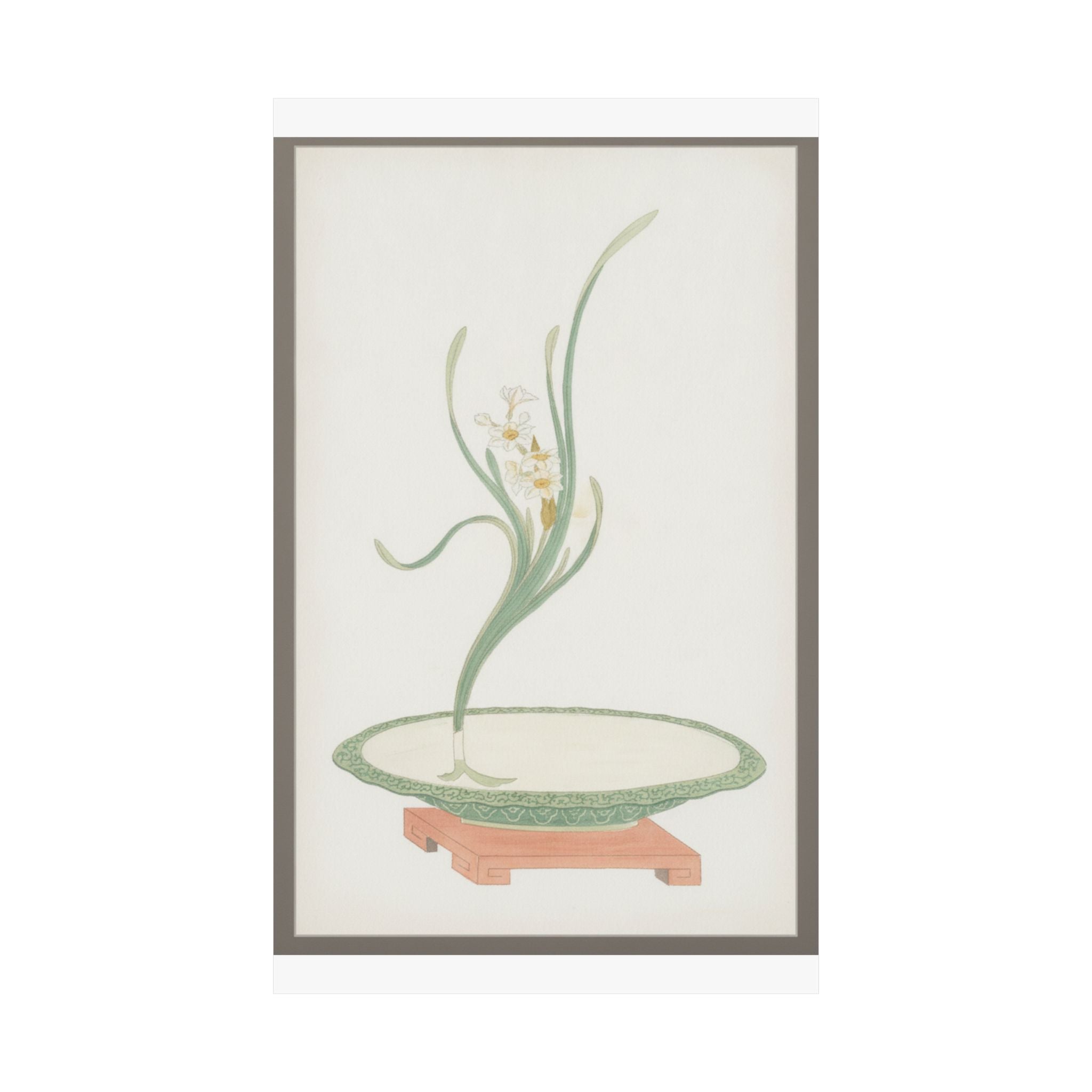 Watercolor — Flower Arrangement Of Suisen (Narcissus) In A Flat Green Dish — Matte Poster