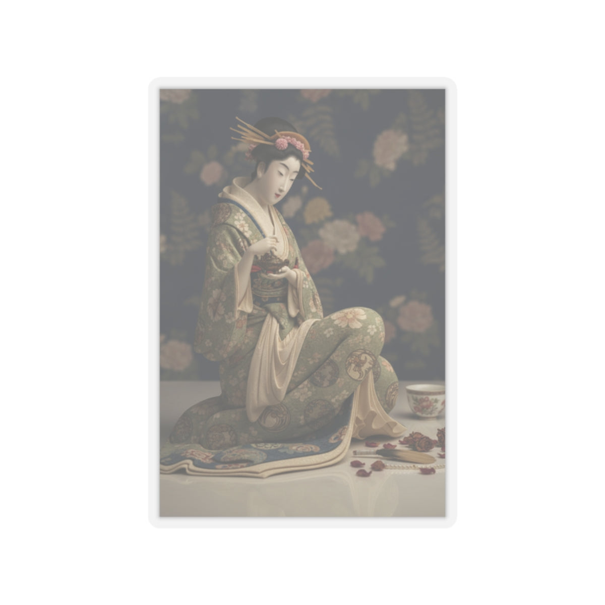 Product Marketing — Konosato Of Takeya Seated, Holding An Incense Burner — Kiss-Cut Sticker