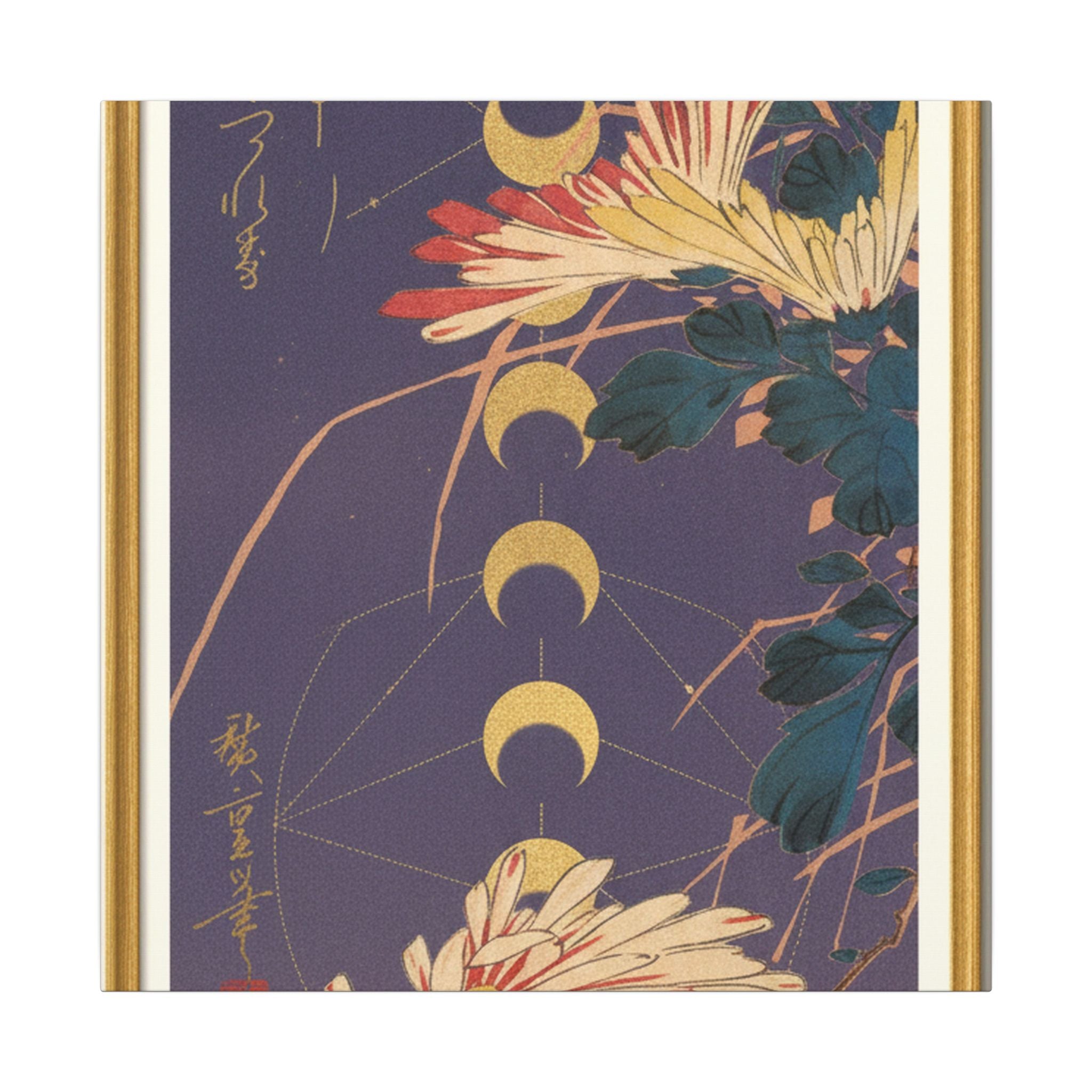 Chrysanthemum and Gold Moon Phases Woodblock Matte Canvas