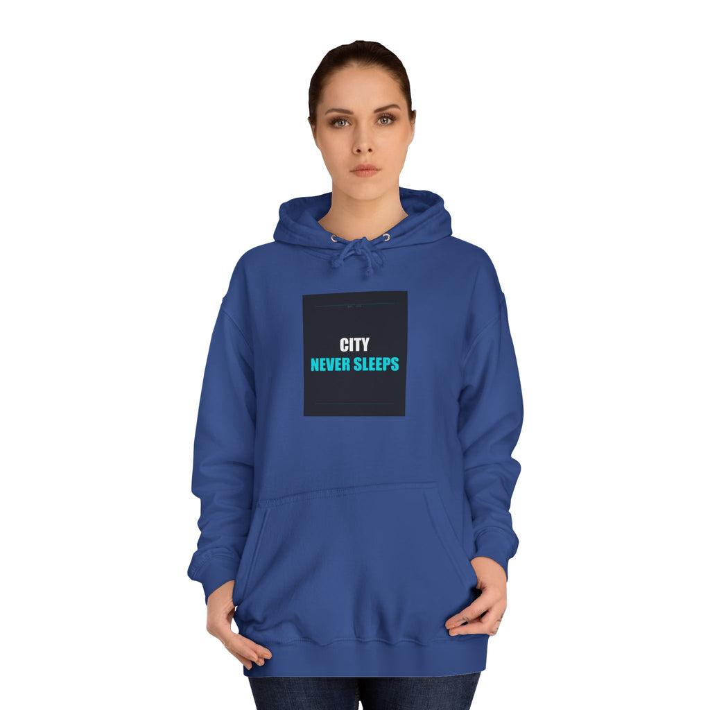CITY NEVER SLEEPS Cyan Slogan Print Pullover Hoodie