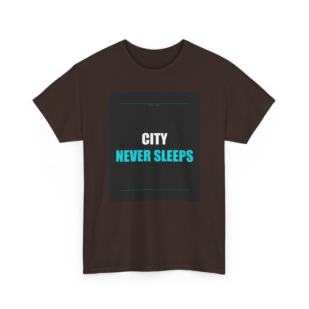 CITY NEVER SLEEPS Cyan Type on Charcoal Graphic Tee