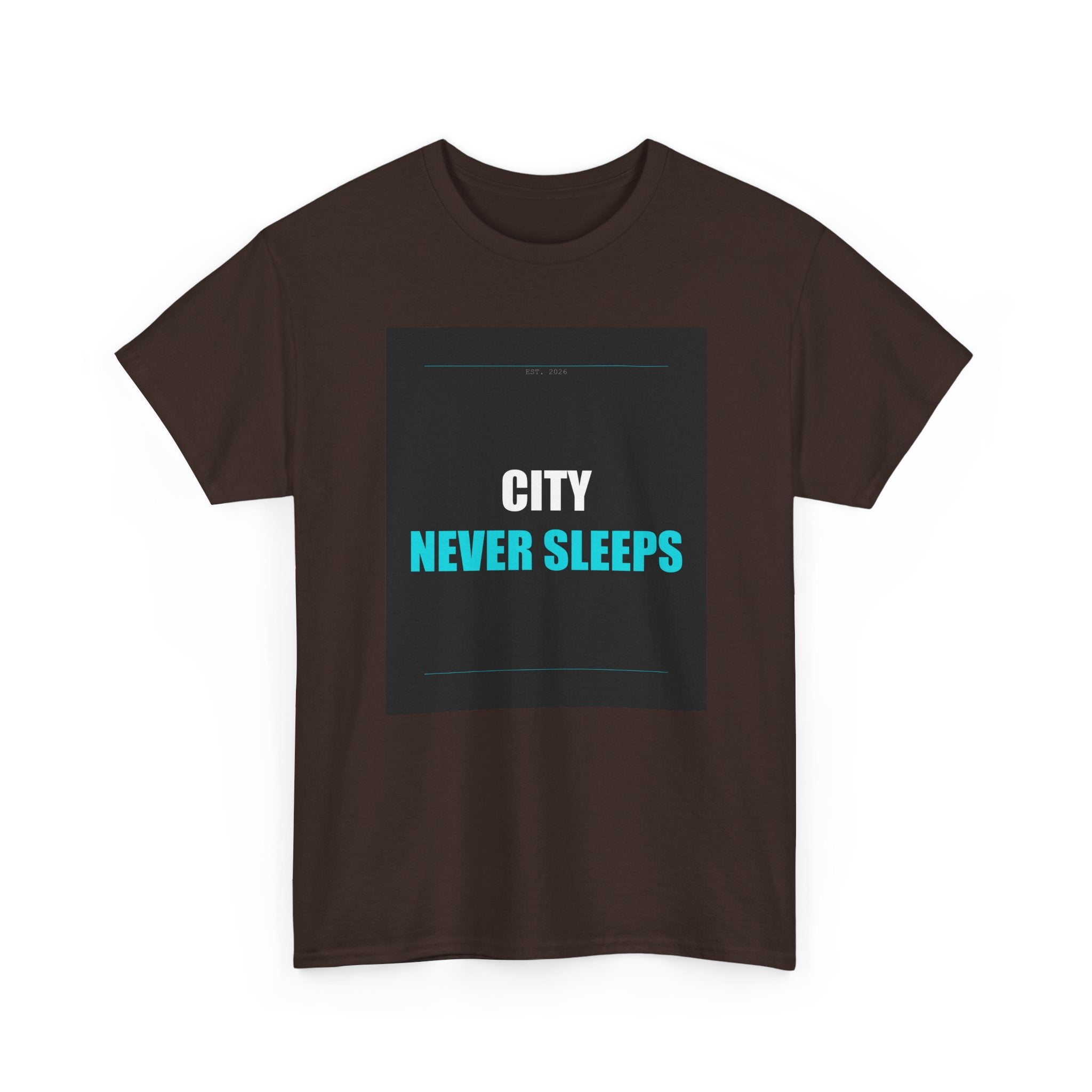 CITY NEVER SLEEPS Cyan Type on Charcoal Graphic Tee
