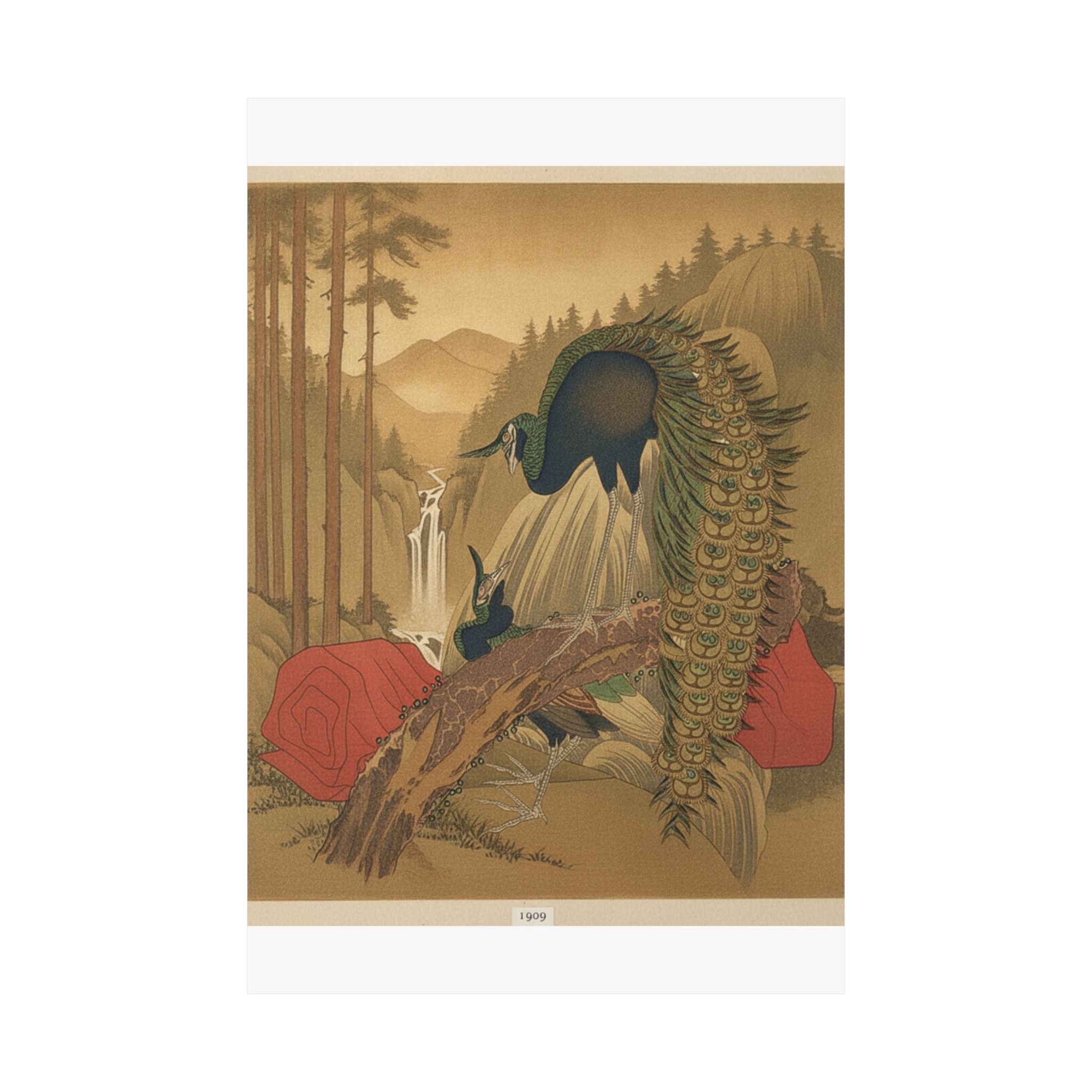 Scenic Nature — Painting Of Peacocks, Pines, A Waterfall, And A Roll Of Red Fabric — Matte Poster