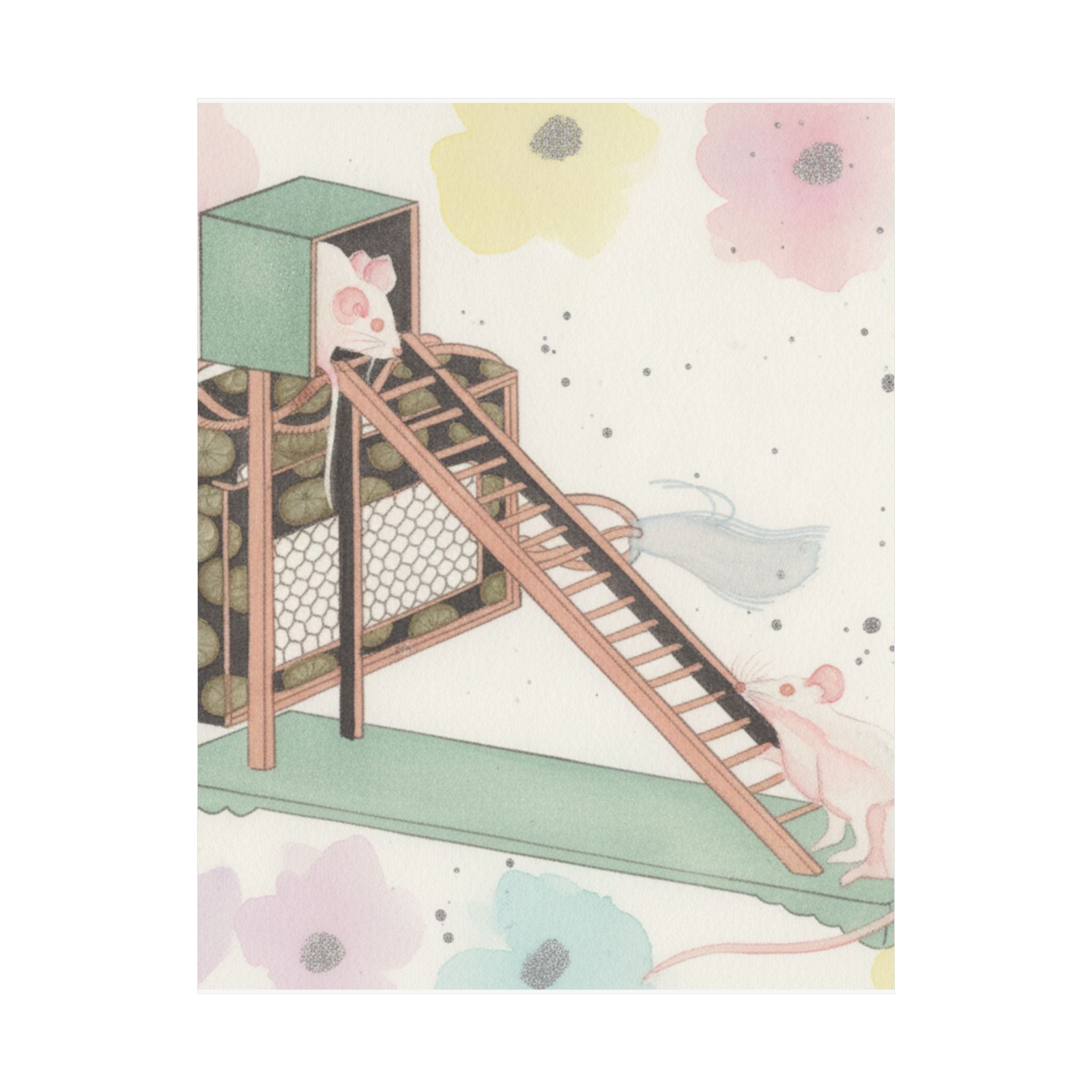 Watercolor — White Mice Playing — Matte Poster