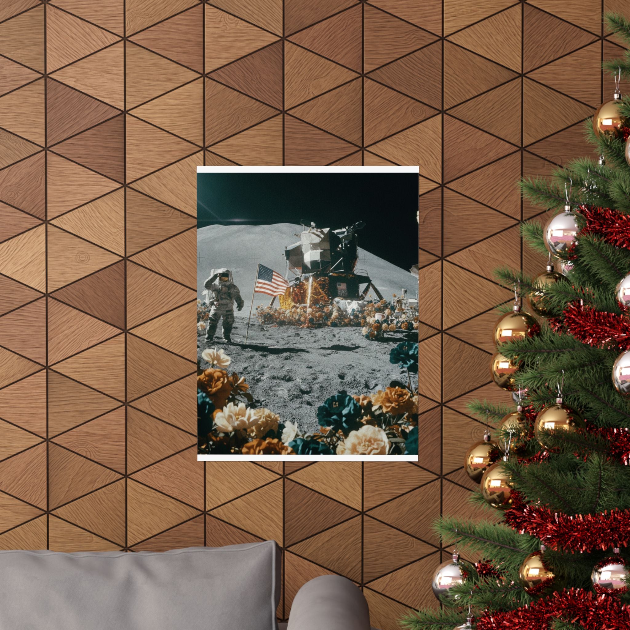 Astronaut Moon Landing in Bloom Surreal Space Poster