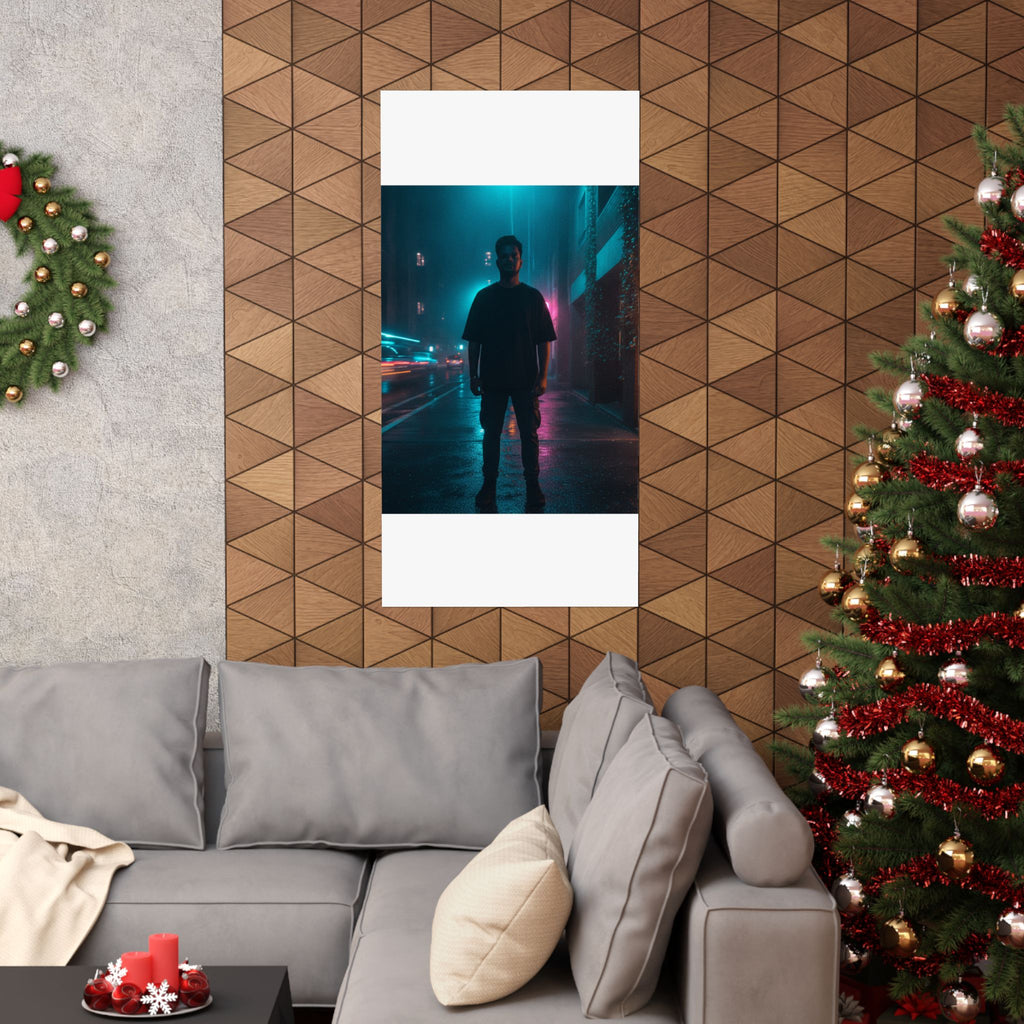 Rainy Neon City Street Silhouette Teal Pink Matte Poster