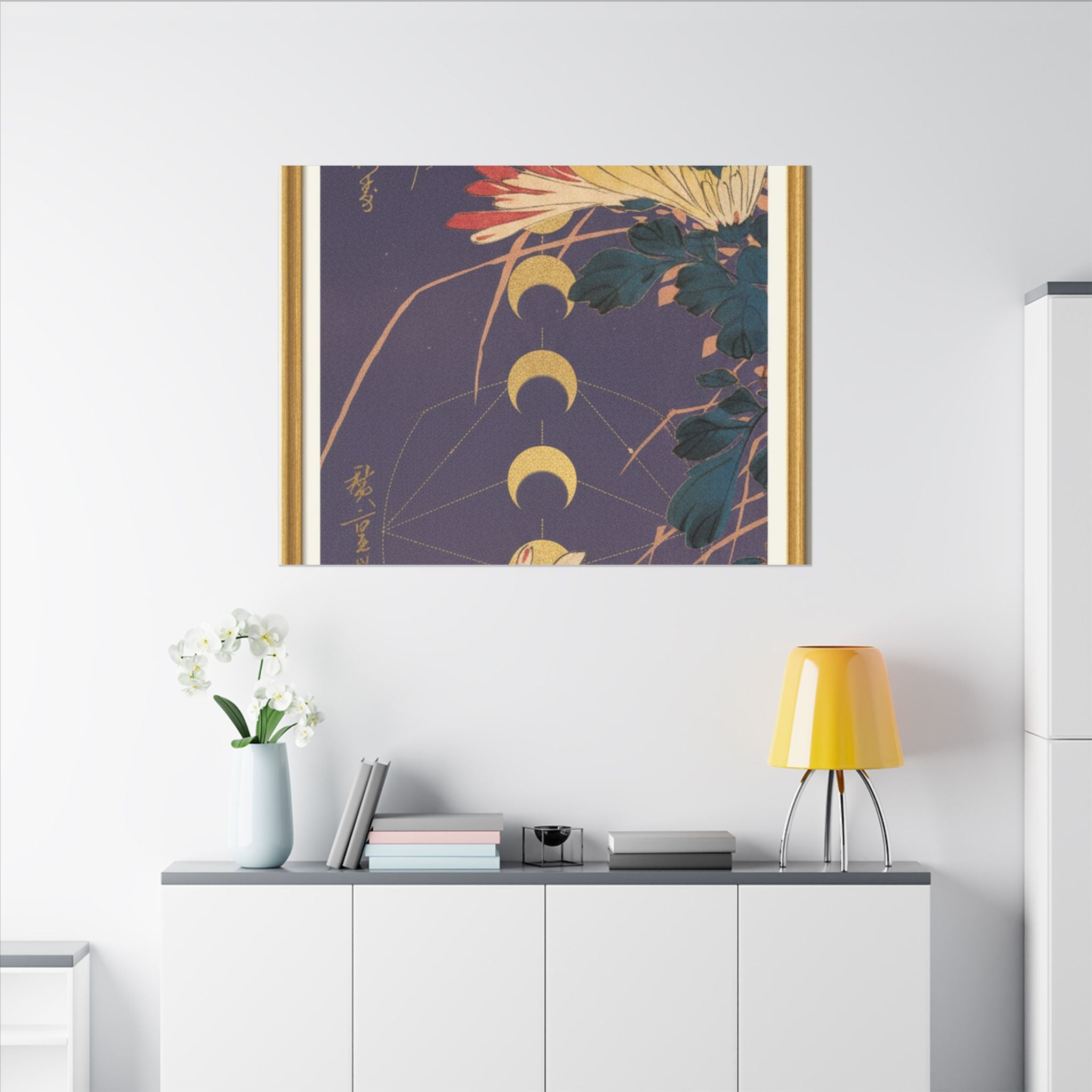 Chrysanthemum and Gold Moon Phases Woodblock Matte Canvas