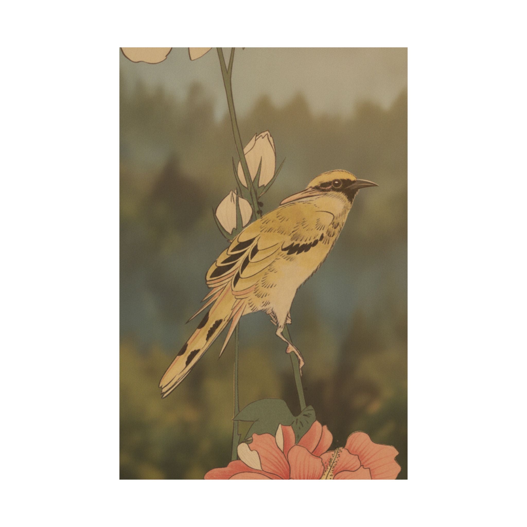 Scenic Nature — Black-Naped Oriole Perched On A Stem Of Rose Mallow — Matte Poster