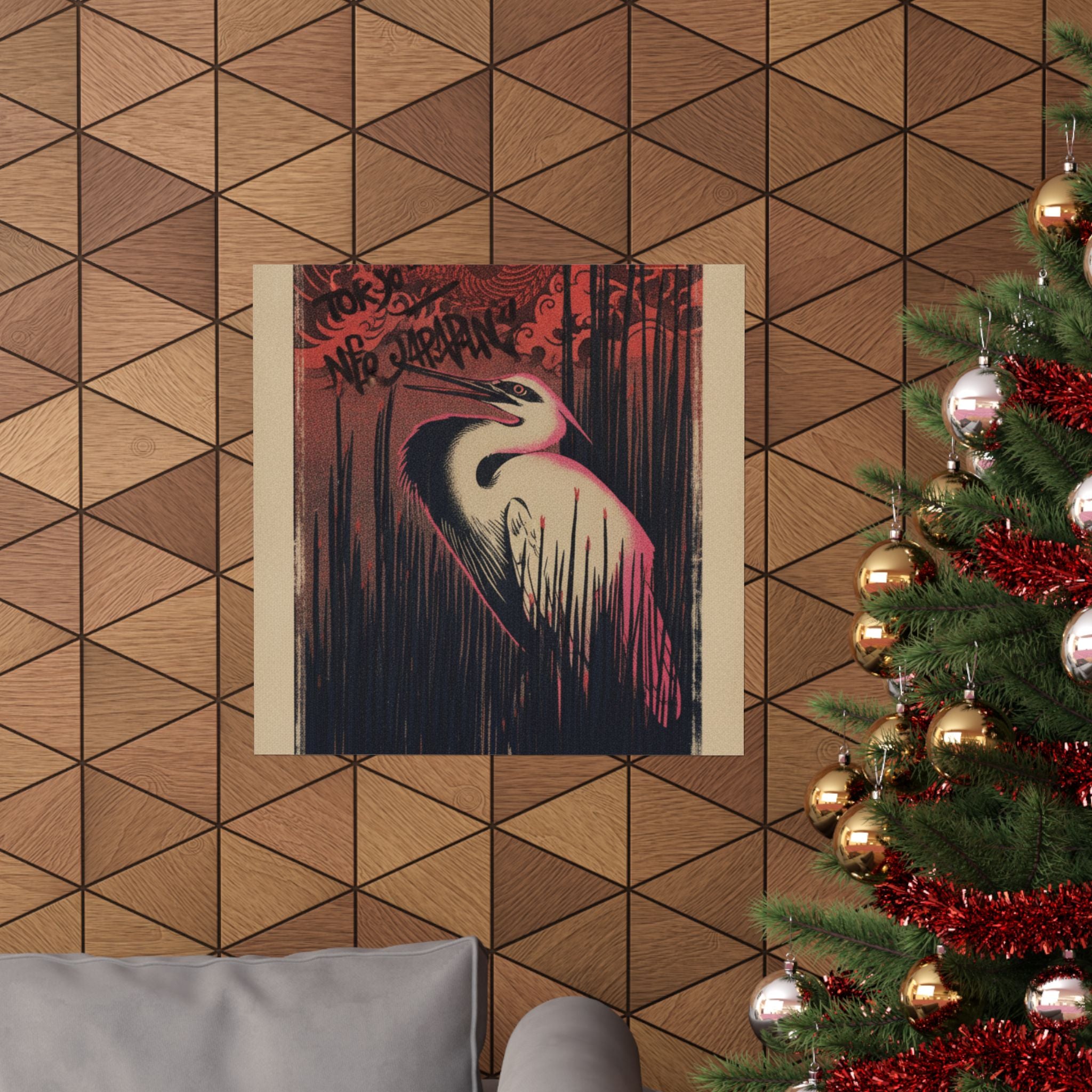Japanese Street — White Heron Standing Among Reeds — Matte Poster