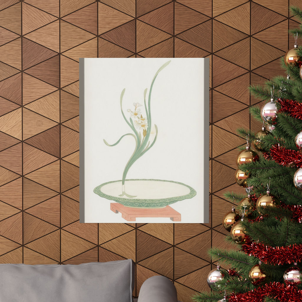 Watercolor — Flower Arrangement Of Suisen (Narcissus) In A Flat Green Dish — Matte Poster