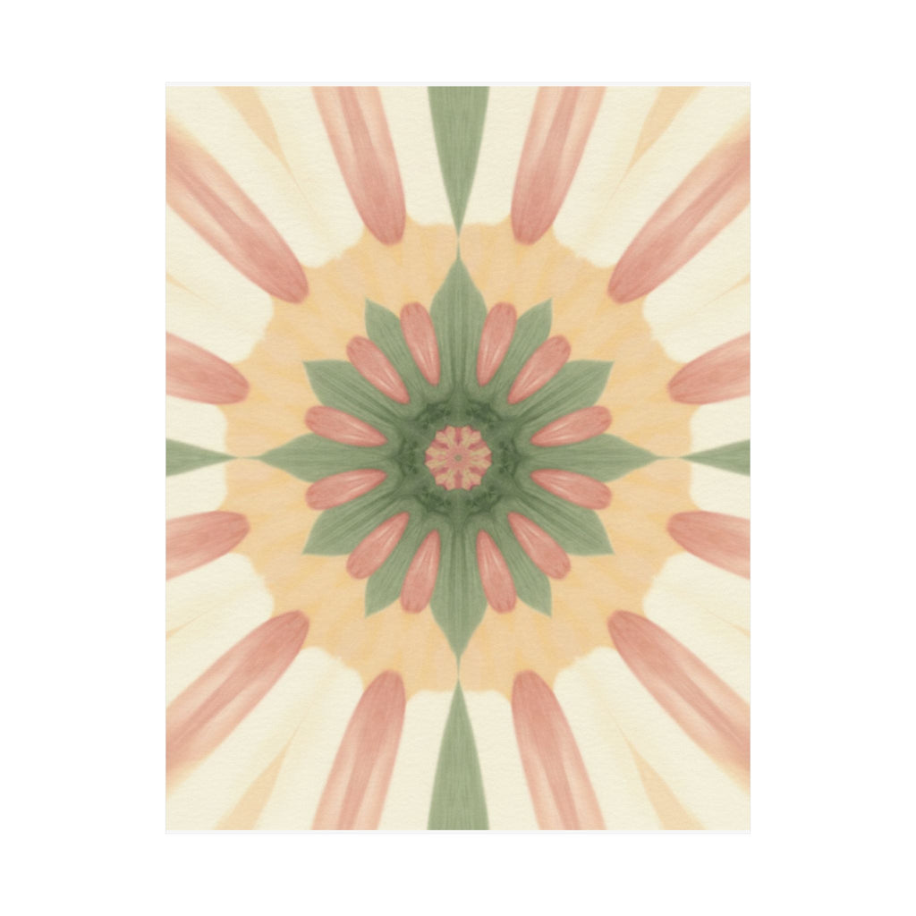 Peach and Sage Floral Kaleidoscope Mandala Poster