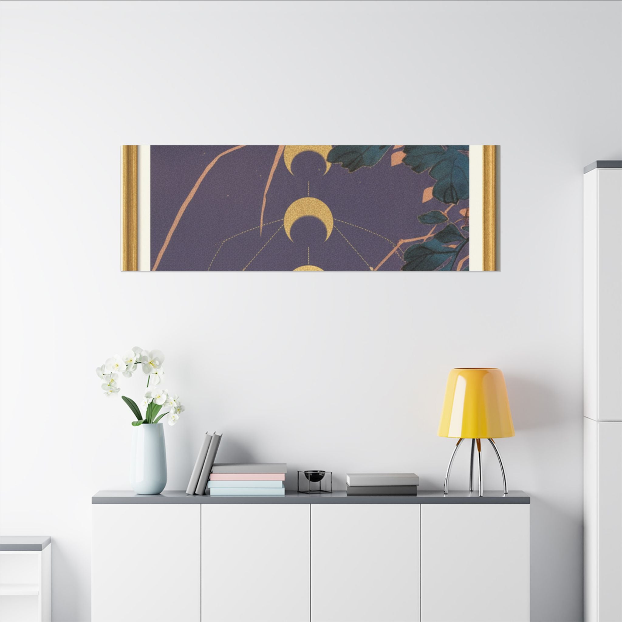 Chrysanthemum and Gold Moon Phases Woodblock Matte Canvas