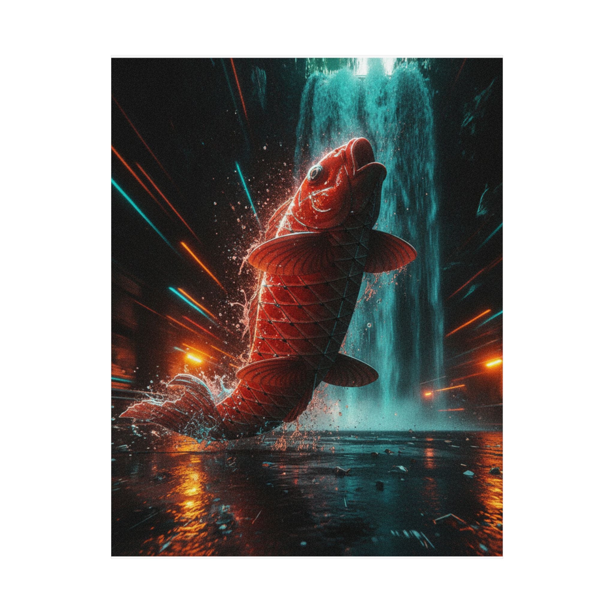 Fast Furious — Red Carp Ascending A Waterfall — Matte Poster