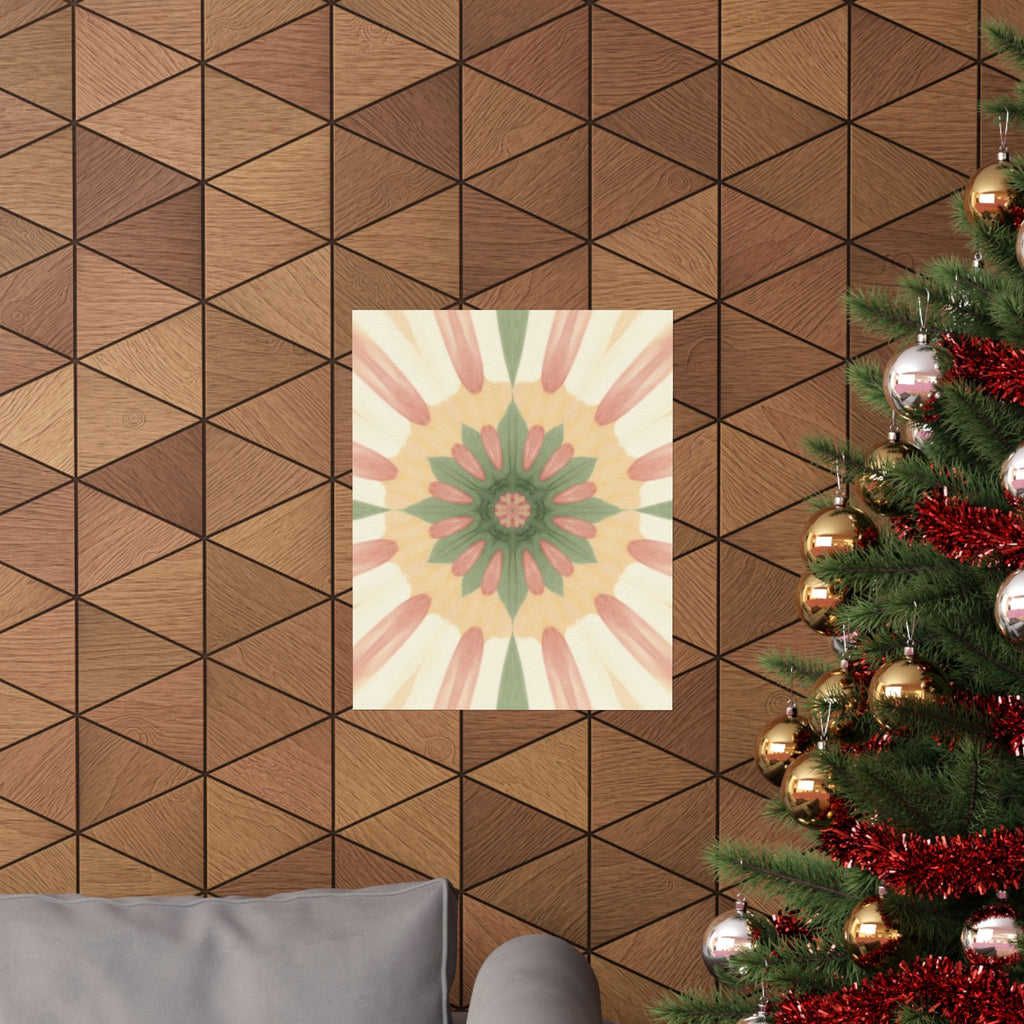 Peach and Sage Floral Kaleidoscope Mandala Poster