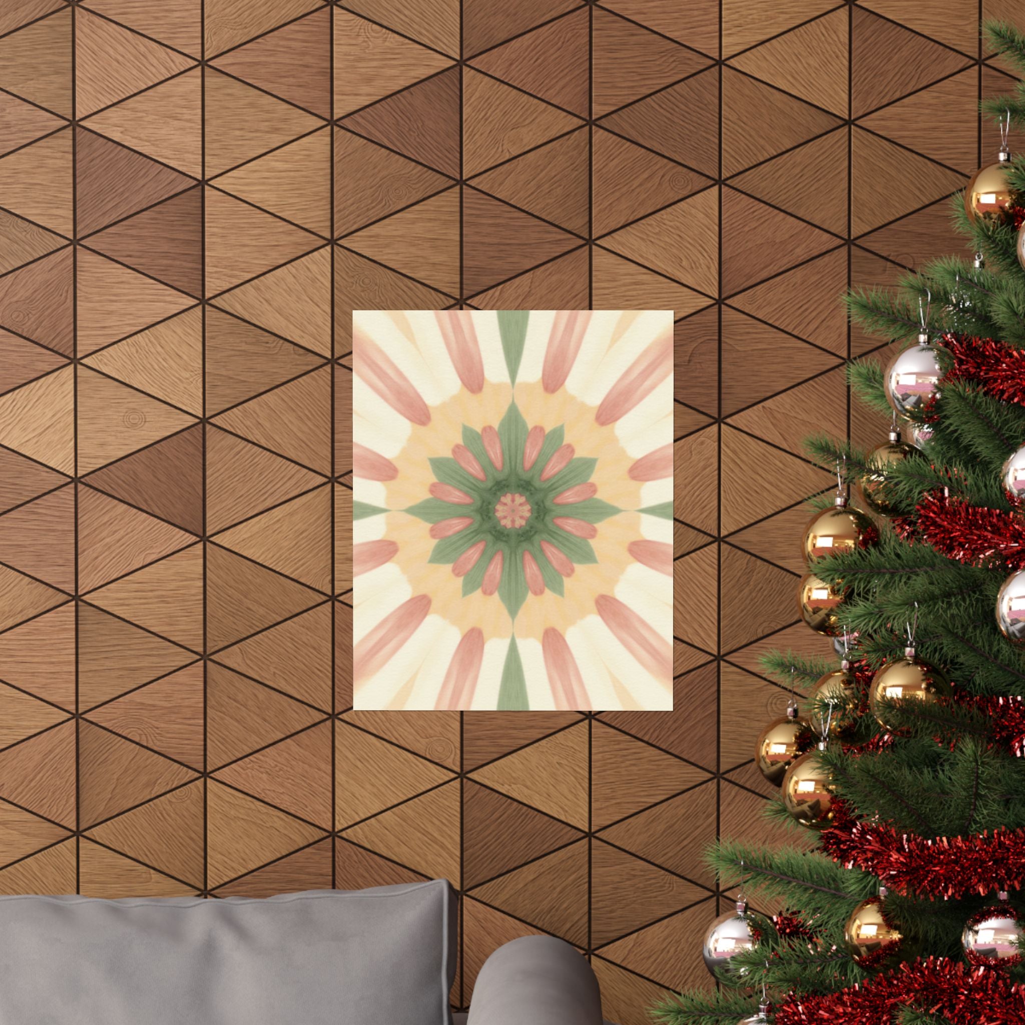 Peach and Sage Floral Kaleidoscope Mandala Poster