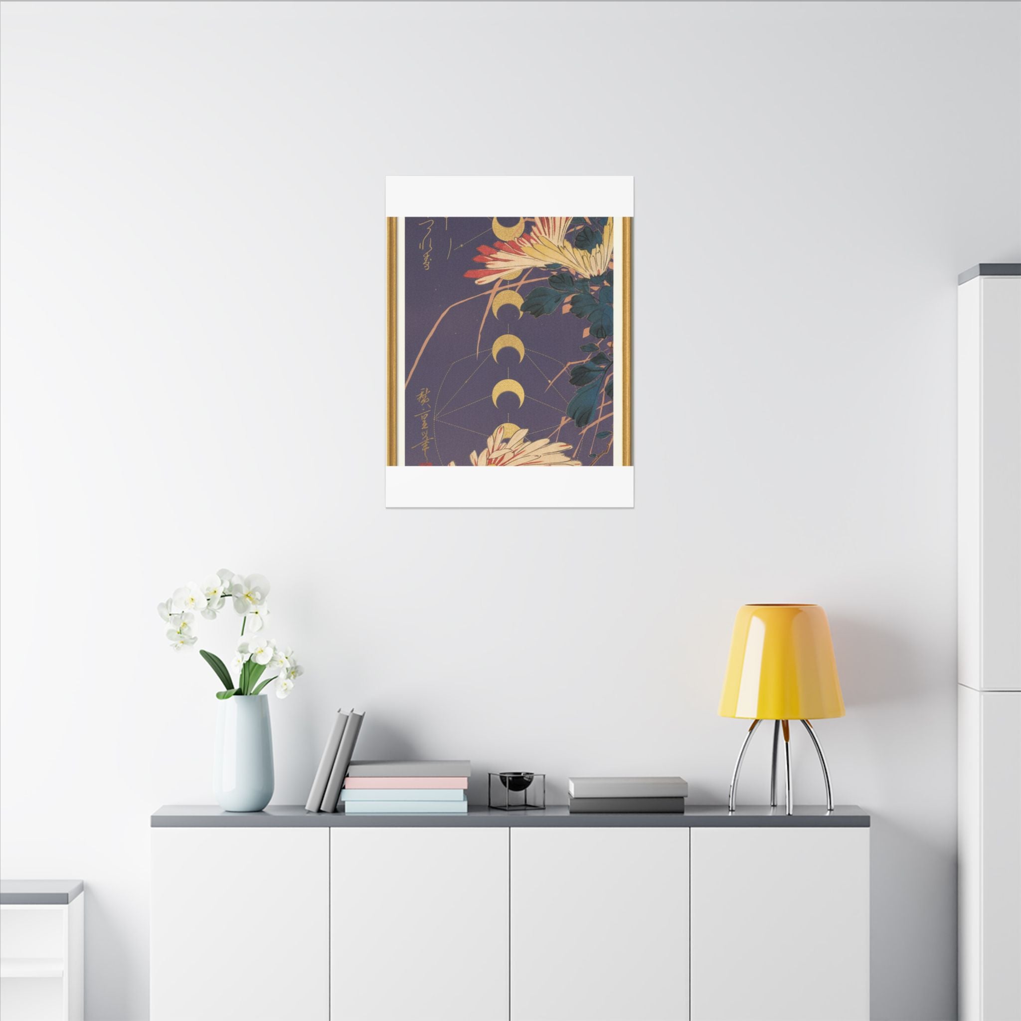 Chrysanthemum and Gold Moon Phases Woodblock Matte Canvas
