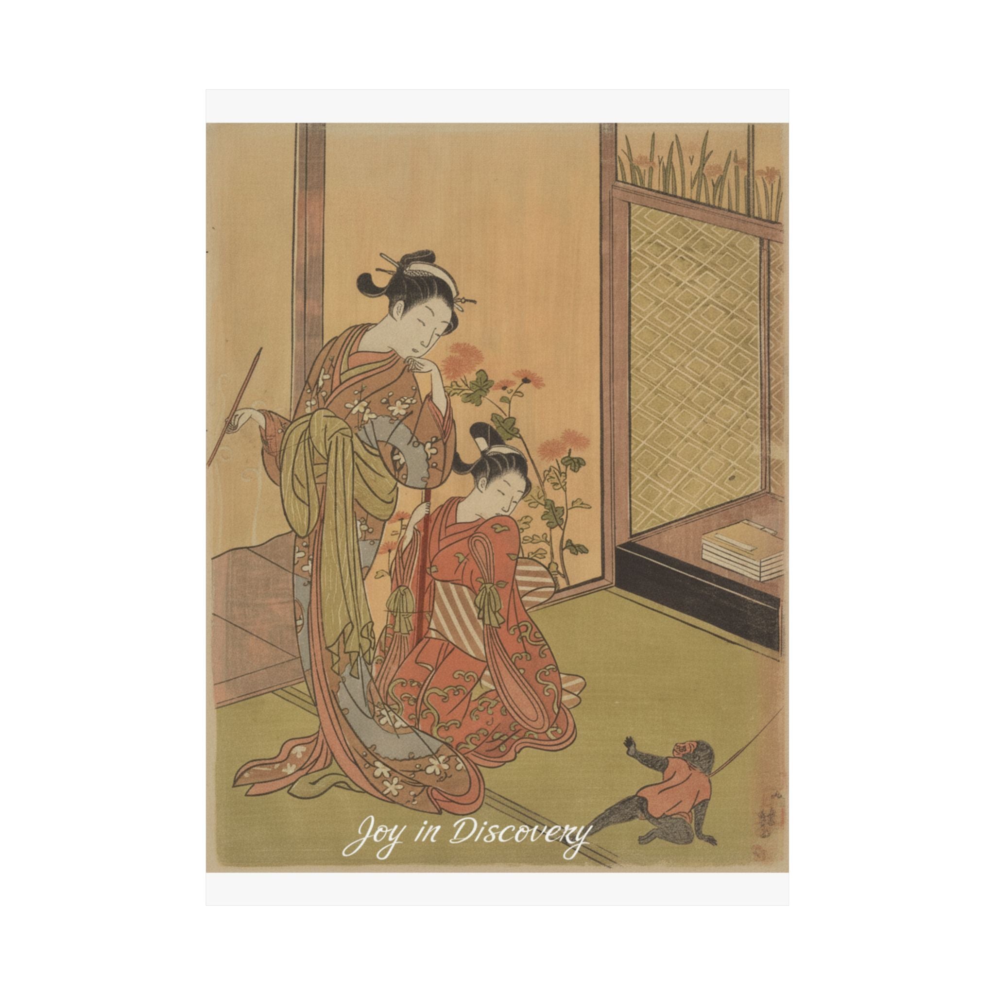 Affirmation — Two Girls Looking At A Monkey On A Leash — Matte Poster