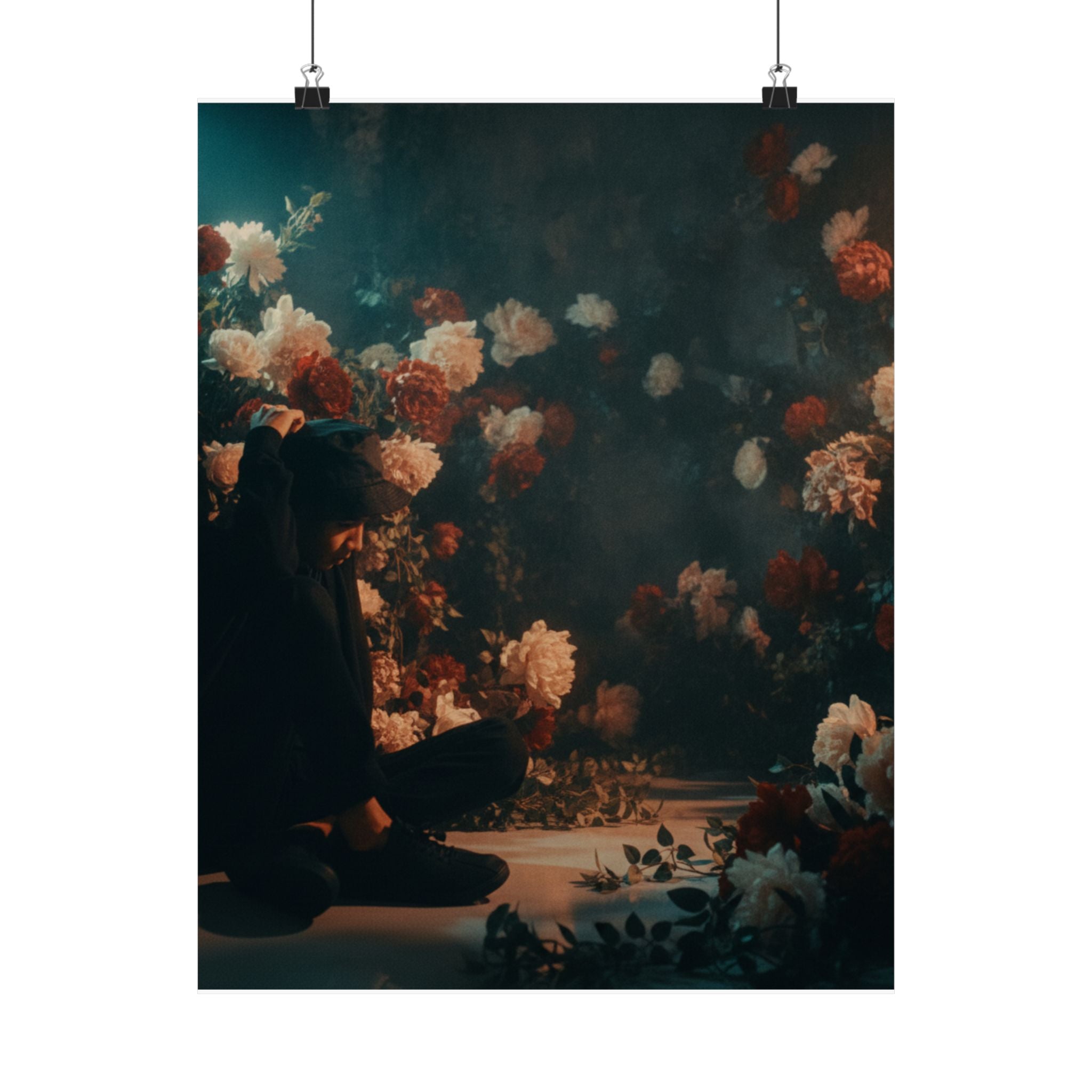 Kneeling Figure in Dark Rose Garden Moody Poster