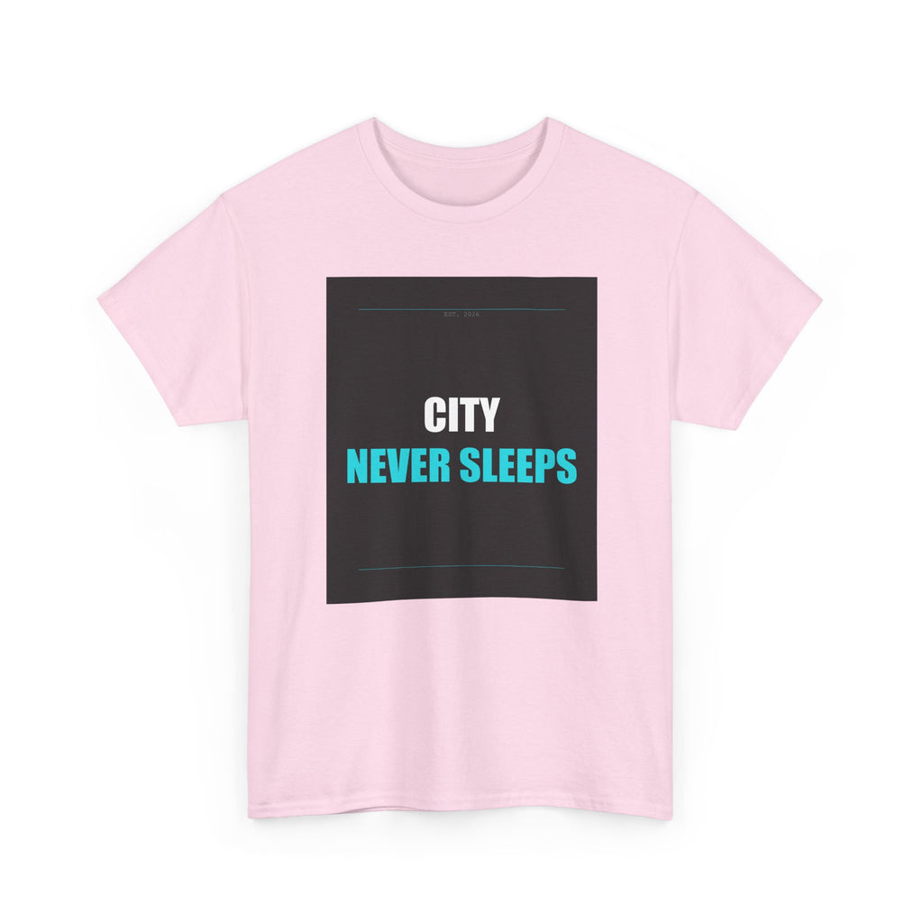 CITY NEVER SLEEPS Cyan Type on Charcoal Graphic Tee