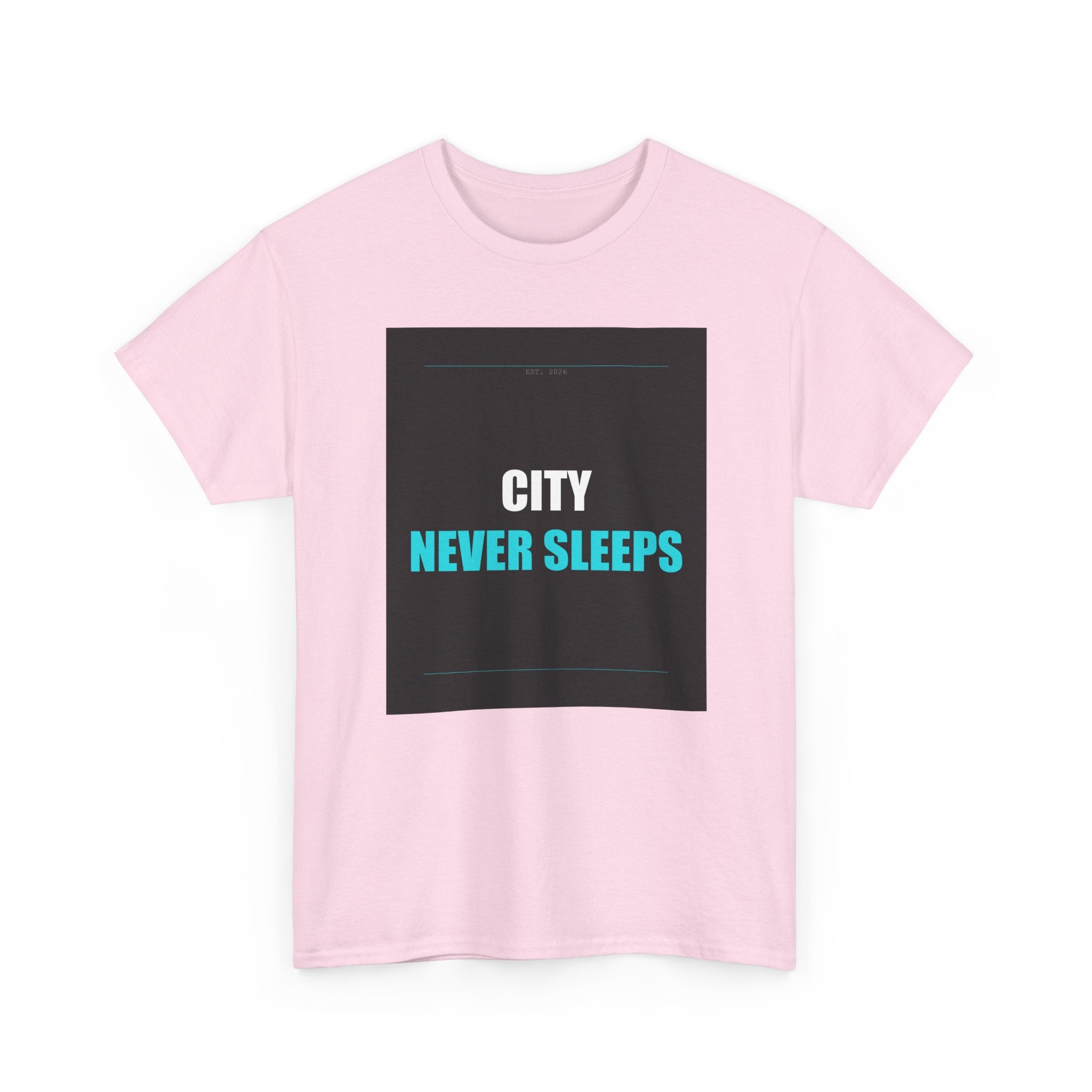 CITY NEVER SLEEPS Cyan Type on Charcoal Graphic Tee