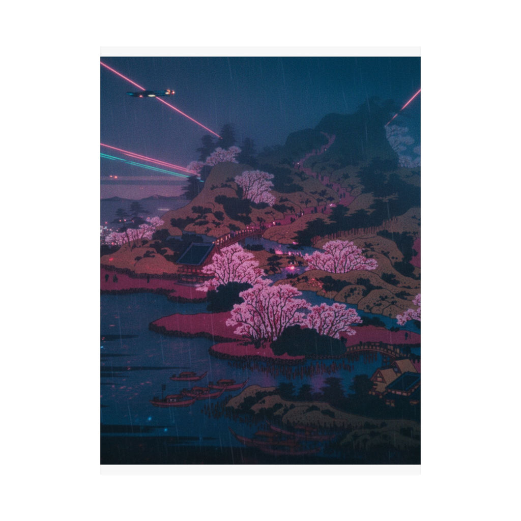 Neon Noir — Tenpōzan At The Mouth Of The Aji River In Settsu Province (Sesshū Ajikawaguchi T — Matte Poster