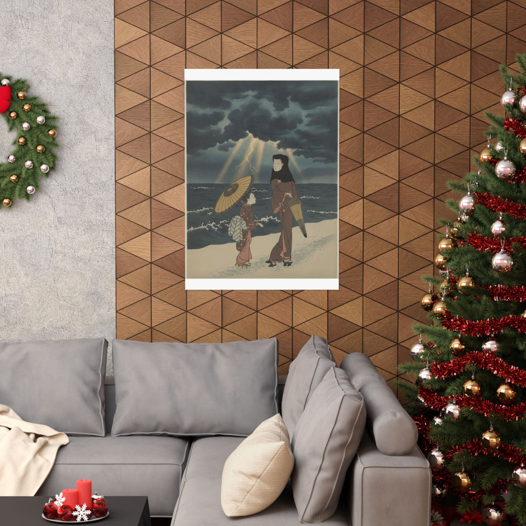 Dramatic Storm — Lady With Black Hood And Umbrella Out Walking With Young Attendant — Matte Poster