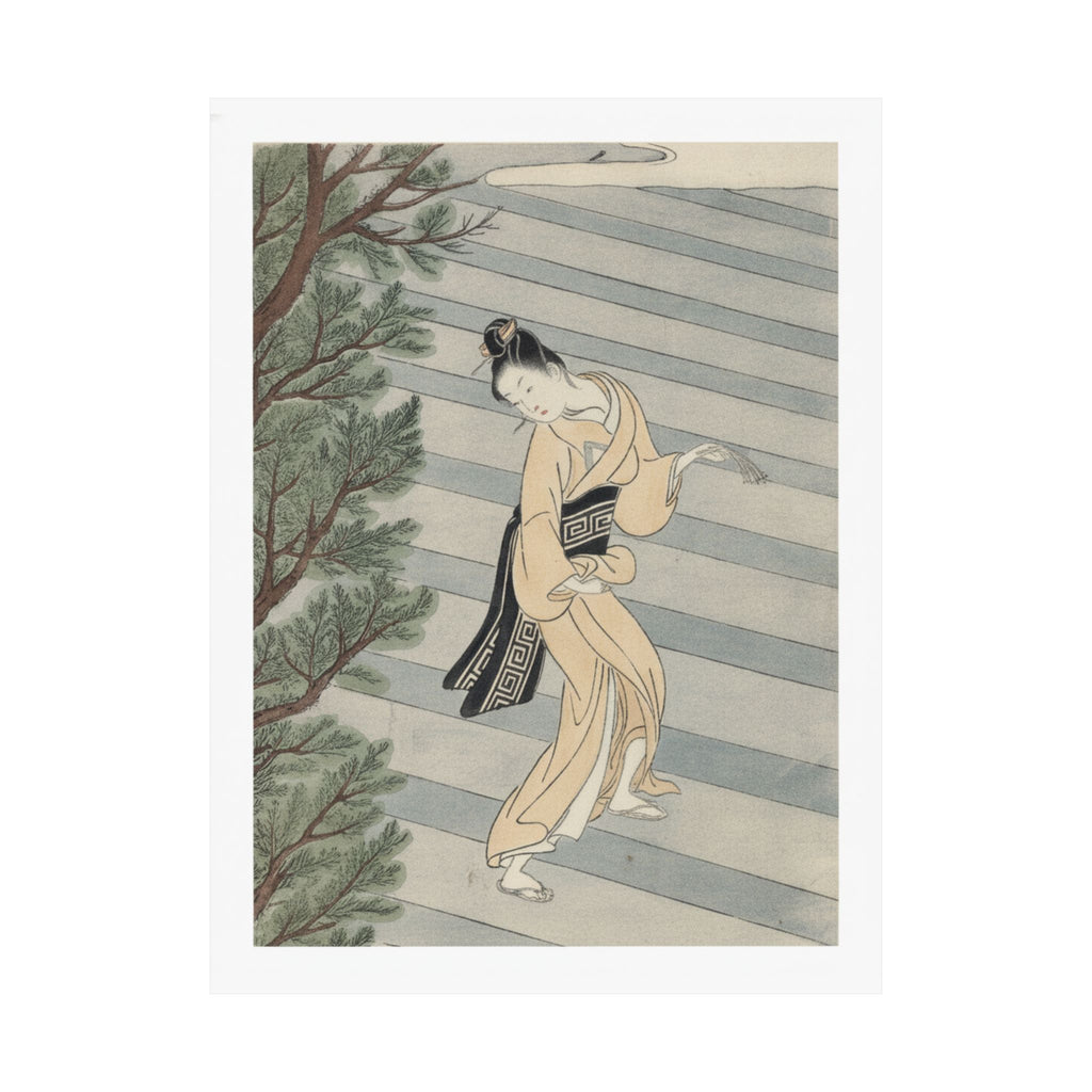 Watercolor — Young Woman Climbing Stone Stairs To A Shinto Temple — Matte Poster