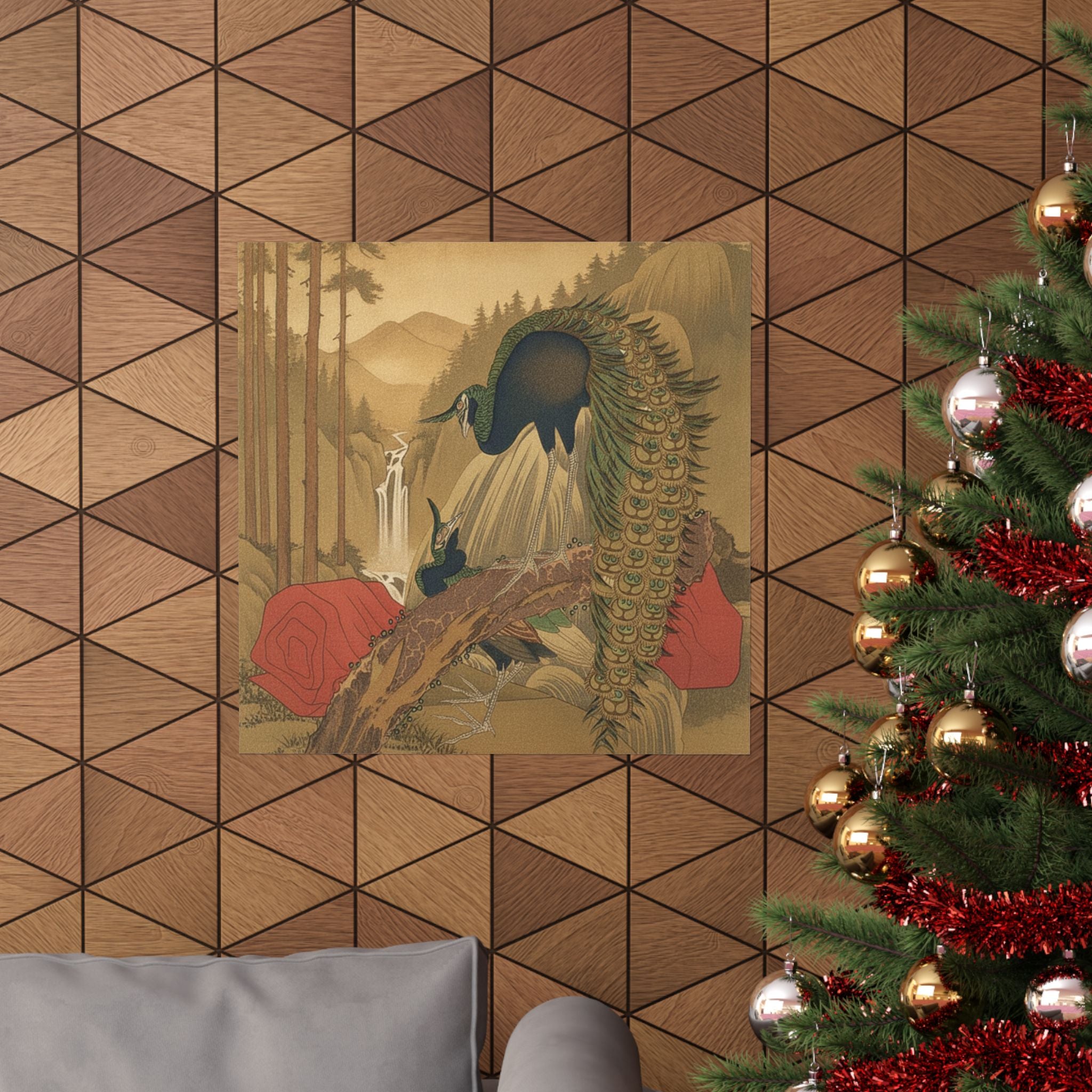 Scenic Nature — Painting Of Peacocks, Pines, A Waterfall, And A Roll Of Red Fabric — Matte Poster