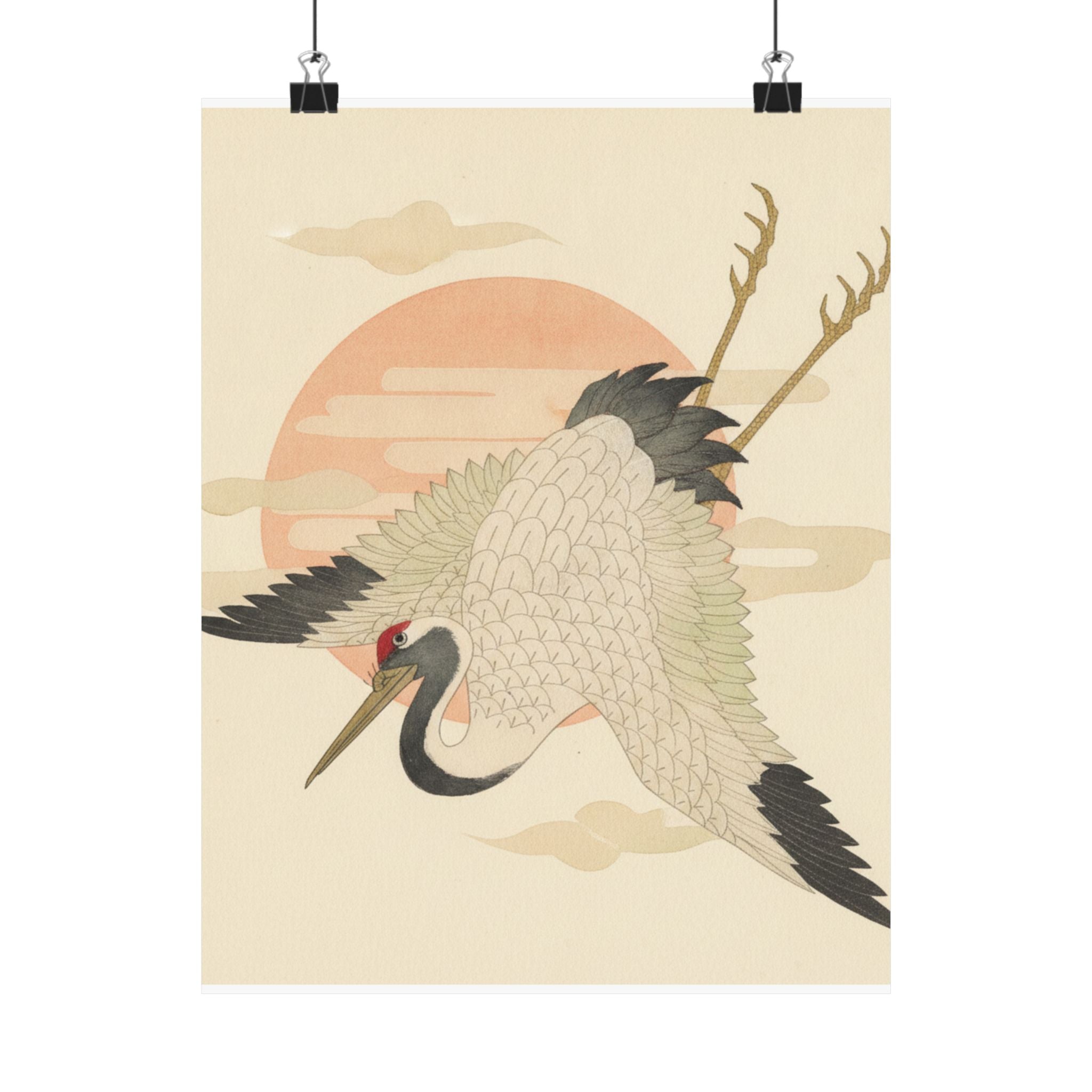 Botanical — White Crane Flying Across The Sun'S Disc — Matte Poster
