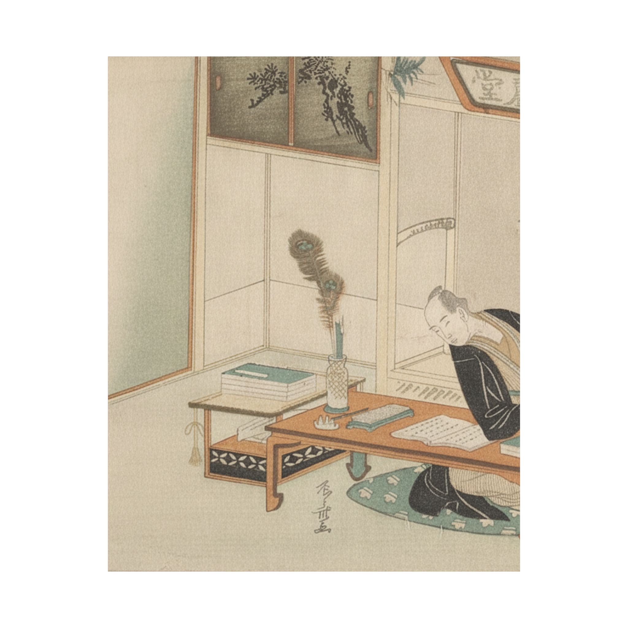 Botanical — Man Seated With His Reading And Writing Materials Before Him — Matte Poster