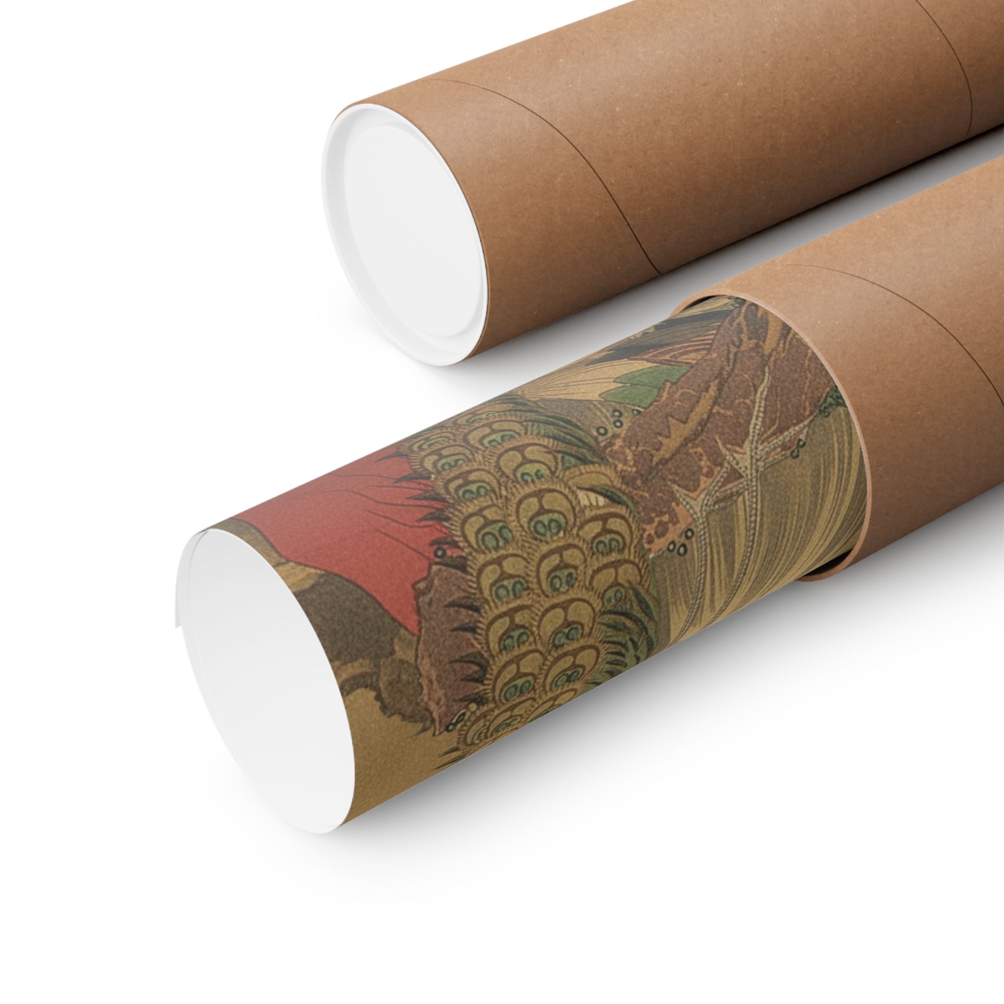Scenic Nature — Painting Of Peacocks, Pines, A Waterfall, And A Roll Of Red Fabric — Matte Poster