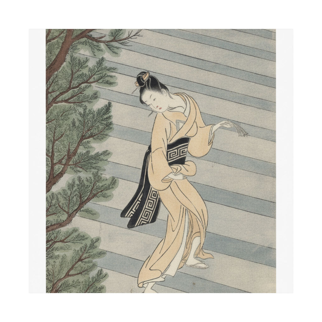 Watercolor — Young Woman Climbing Stone Stairs To A Shinto Temple — Matte Poster