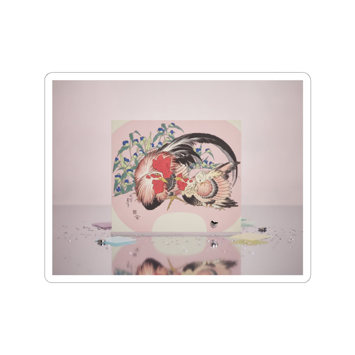 Product Marketing — Rooster, Hen And Chicken With Spiderwort — Kiss-Cut Sticker
