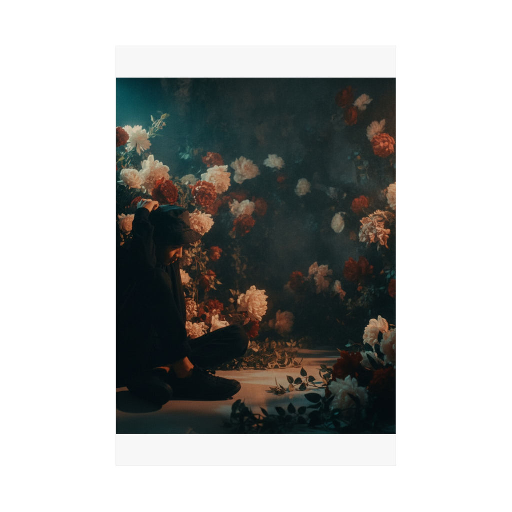 Kneeling Figure in Dark Rose Garden Moody Poster