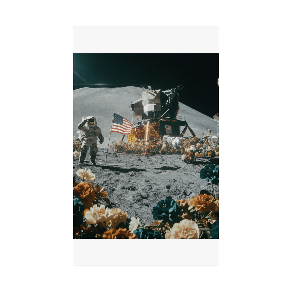 Astronaut Moon Landing in Bloom Surreal Space Poster