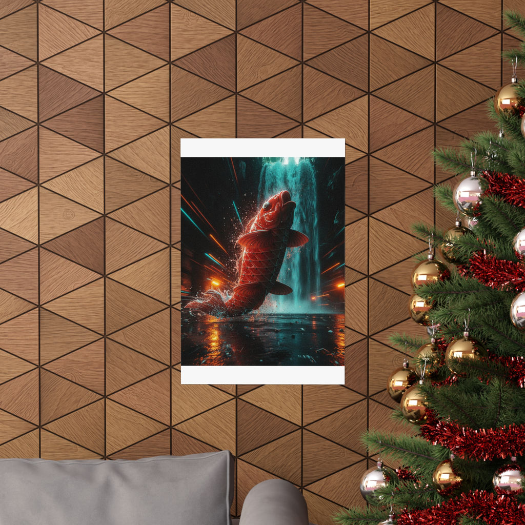 Fast Furious — Red Carp Ascending A Waterfall — Matte Poster