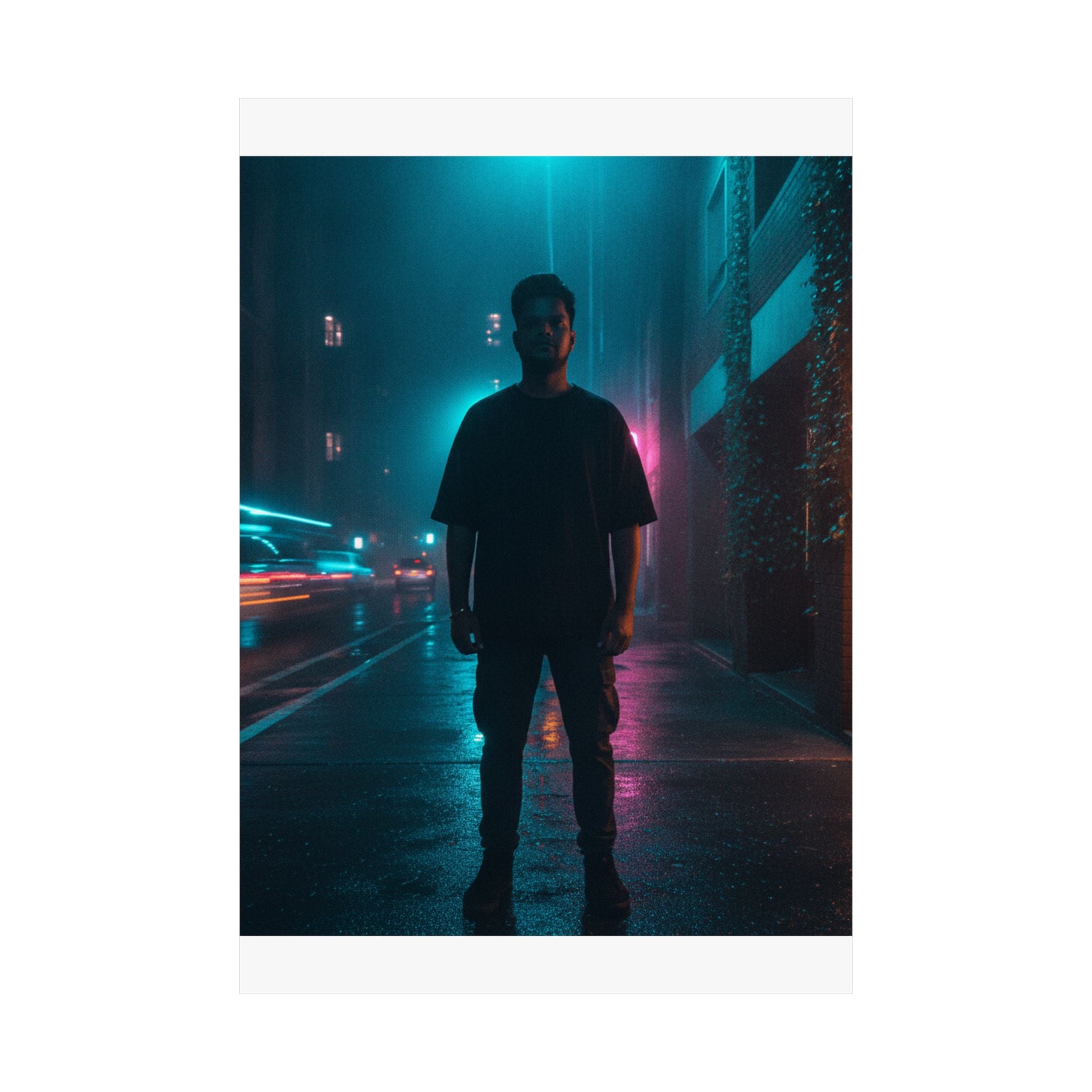 Rainy Neon City Street Silhouette Teal Pink Matte Poster