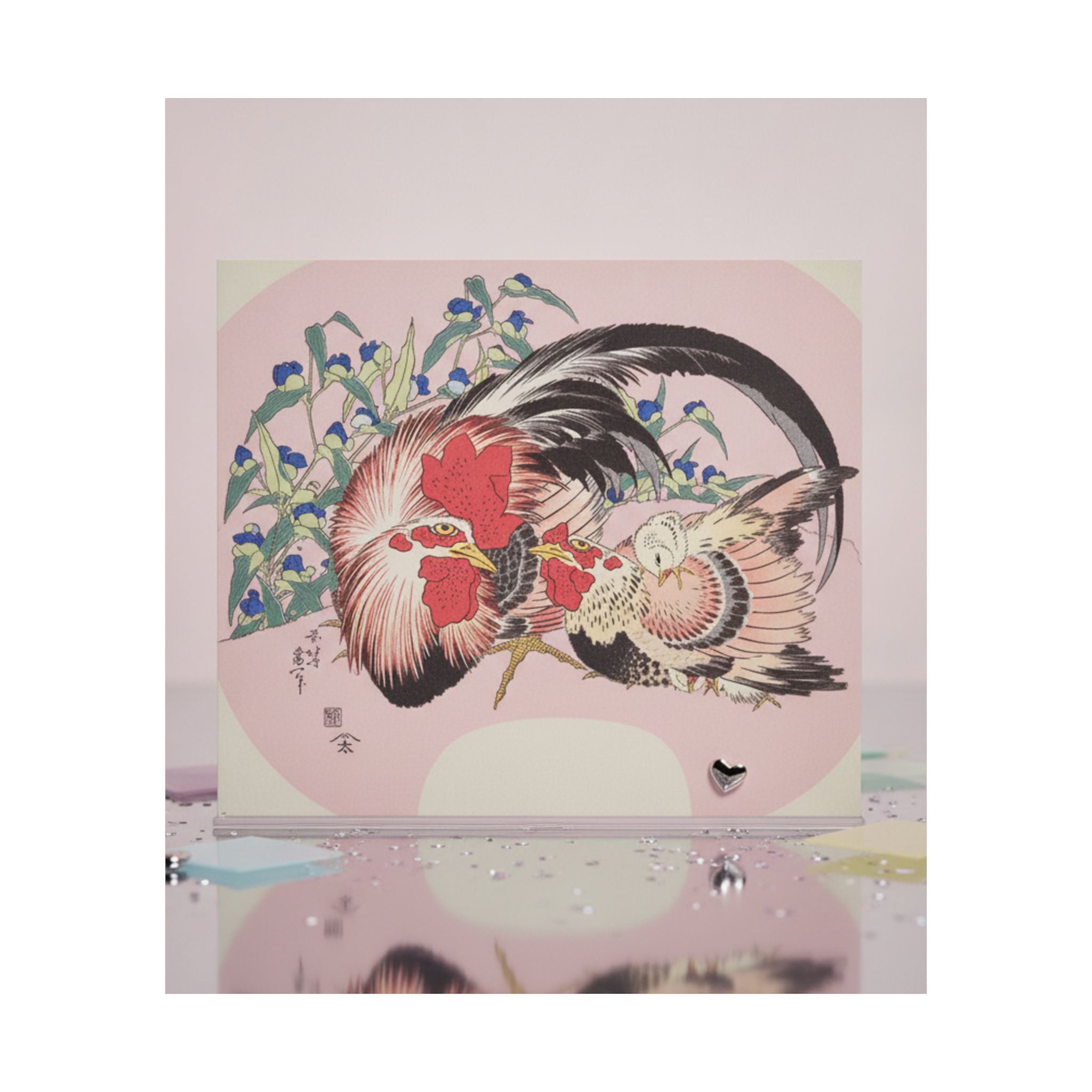 Product Marketing — Rooster, Hen And Chicken With Spiderwort — Matte Poster