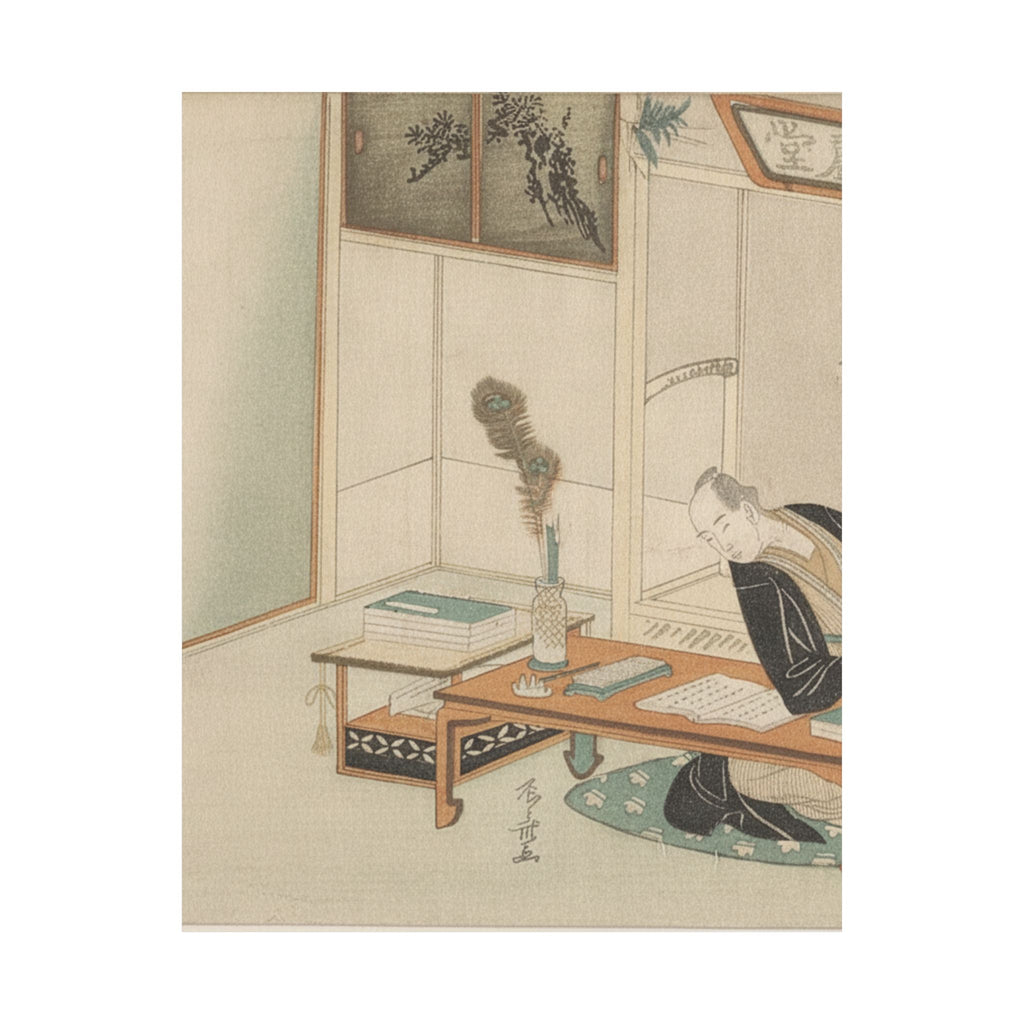 Botanical — Man Seated With His Reading And Writing Materials Before Him — Matte Poster