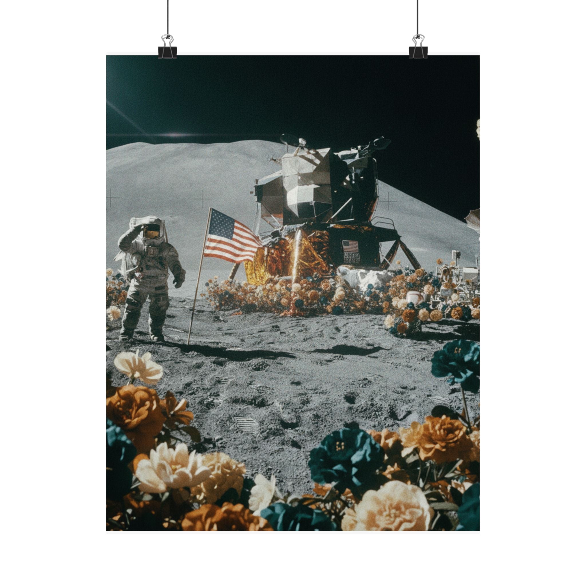 Astronaut Moon Landing in Bloom Surreal Space Poster